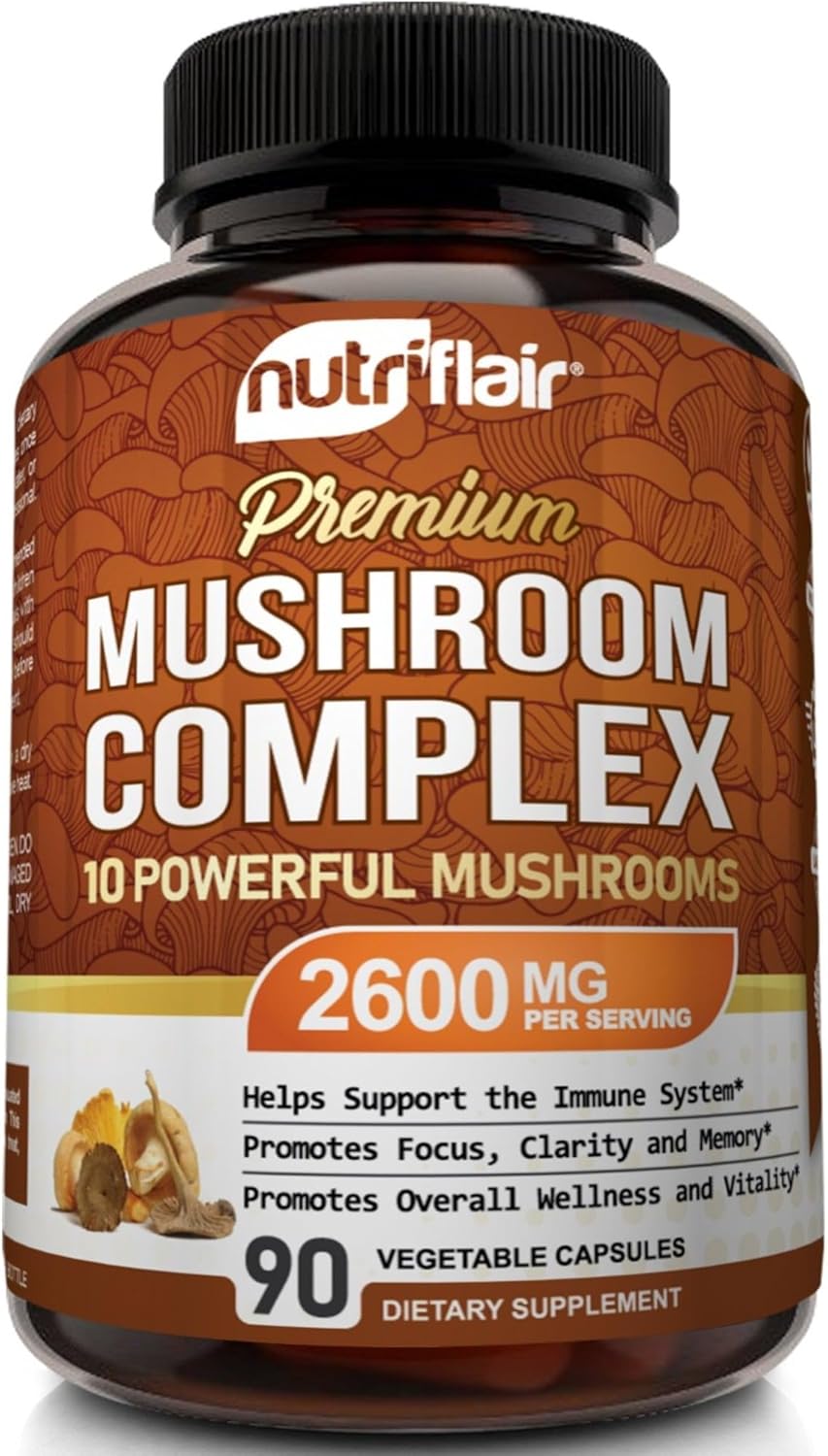 NutriFlair Mushroom Supplement 2600mg, 90 Capsules - 10 Mushrooms Blend - Reishi, Lions Mane, Cordyceps, Chaga, Turkey Tail, Maitake, Shiitake, Oyster Nootropic Complex - Brain, Energy, Focus Pills