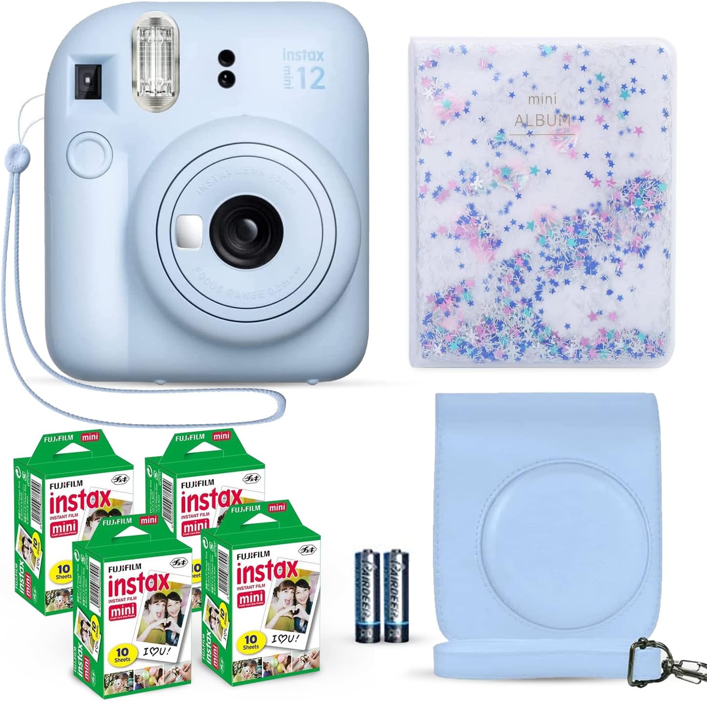 Fujifilm Instax Mini 12 Instant Camera Pastel Blue + Fuji Film Value Pack (40 Sheets) + Shutter Accessories Bundle, Incl. Compatible Carrying Case, Quicksand Beads Photo Album 64 Pockets
