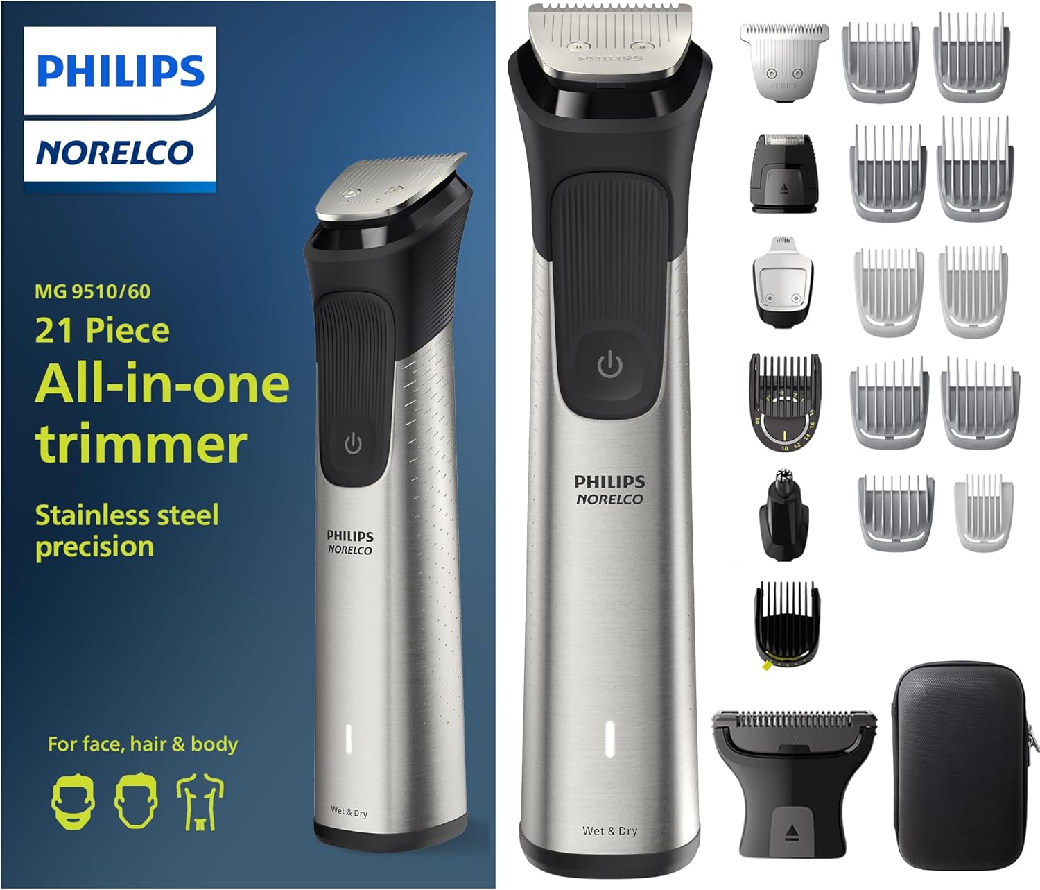Philips Norelco Multigroom Series 9000 - 21 piece Men's Grooming Kit for beard, body, face, nose, ear hair trimmer w/ premium storage case, MG9510/60