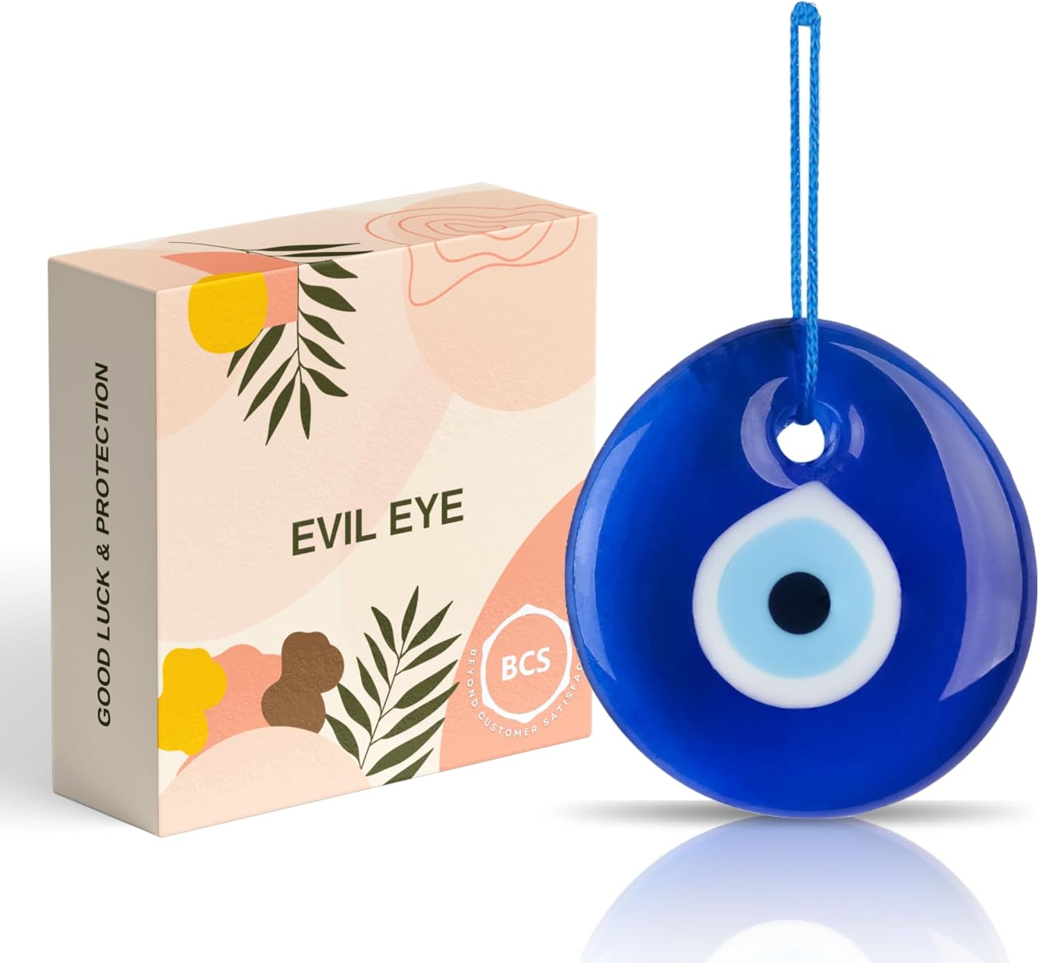 BCS Blue Evil Eye Decor 2.8" Wall Hanging Ornament Glass Handmade Turkish Greek Nazar Amulet Good Luck and Protection Charm for Home, Office, Garden, Door Ojo Turco (in Box)