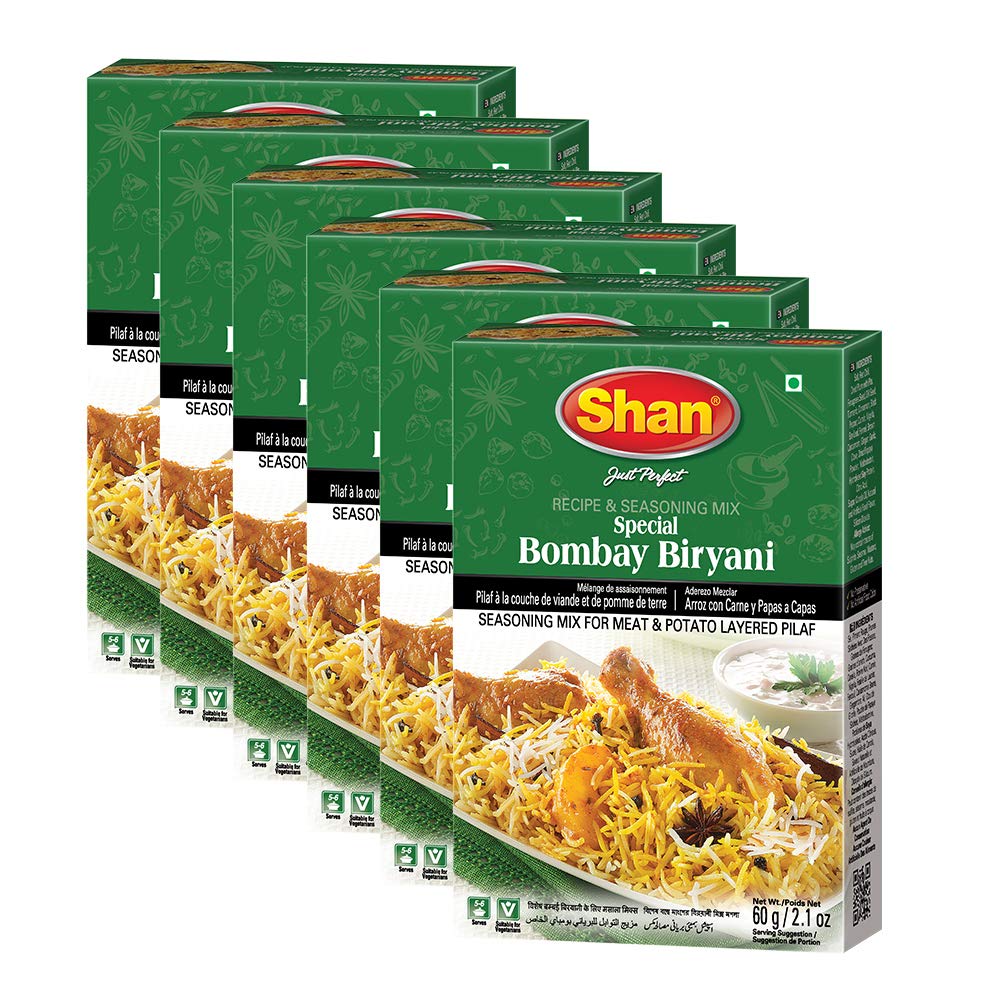Shan Bombay Biryani Recipe & Seasoning Mix, 2.11 oz (60g) – Authentic Indian Spice Powder for Chicken, Meat, and Potato Layered Pilaf – No Preservatives | Airtight Packaging for Freshness (Pack of 6)