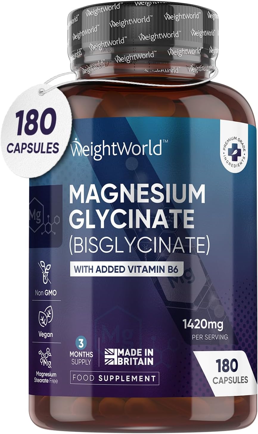 Magnesium Glycinate with Vitamin B6-1420mg Pure Magnesium Bisglycinate Powder Capsules - 180 Capsules - 3 Months Supply