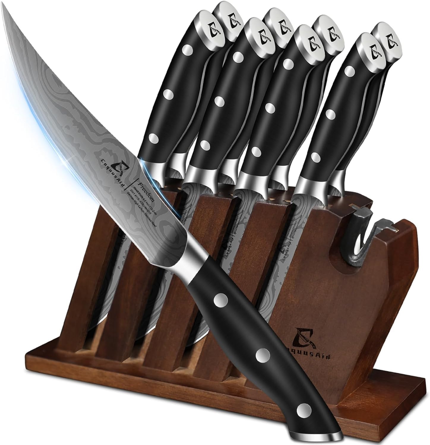 CoquusAid Steak Knives Set of 8 with Block Built-in Sharpener, 4.8 Inch Non Serrated Razor-Sharp Durable Dinner Knives, German Stainless Steel Damascus Pattern Full Tang Forged, Easy to Maintain