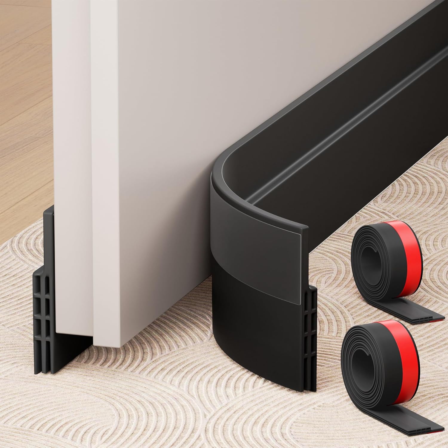 Hojoy 2 Pack Under Door Draft Stopper, Adjustable Door Sweep Anti-Collision Strong Adhesive Weather Stripping Tape Soundproof Draught Stoppers 2" W x 39" L, Black