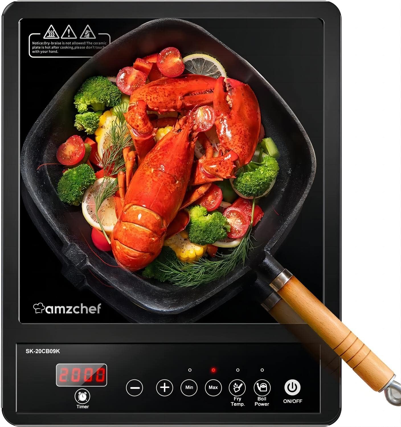 AMZCHEF Single Induction Hob, Portable Induction Hob, 10 Temperature Settings and Power levels from 300W to 2000W, Black Frosted Glass Panel,Sensitive Press Control, 3-hour Timer