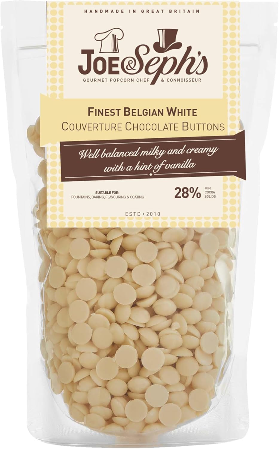Joe & Sephs Finest Belgian White Chocolate Buttons (800g), Finest Couverture Belgian White Chocolate Buttons, 28% of Cocoa, Perfect for Chocolate Fountains, Desserts, Baking, Glazing and More