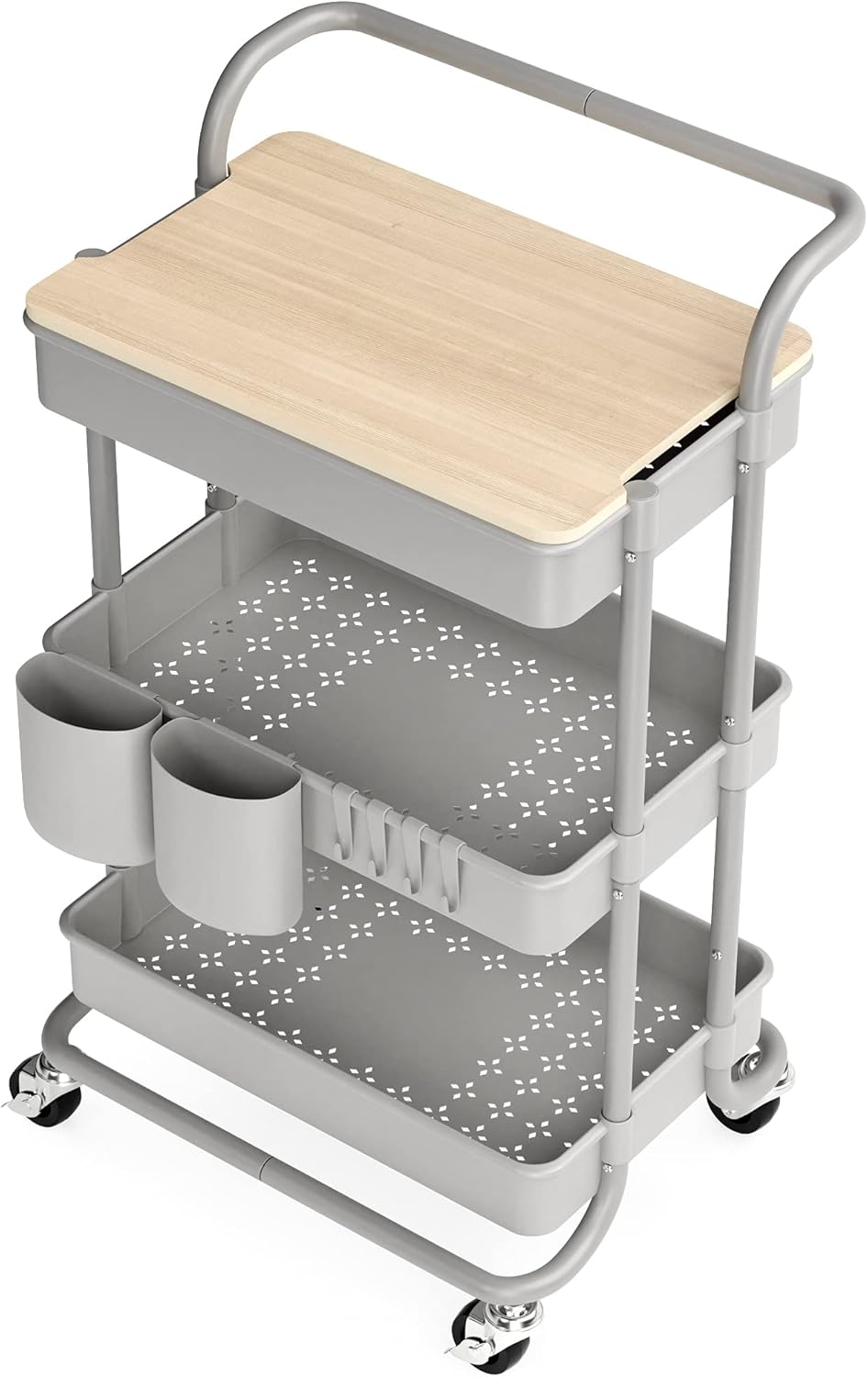 3 Tier Rolling Cart, with Table Top, Rolling Storage Cart with Handles and Locking Wheels, Utility Cart with 2 Small Baskets and 4 Hooks for Bathroom. Office, Balcony, Living Room (Grey)