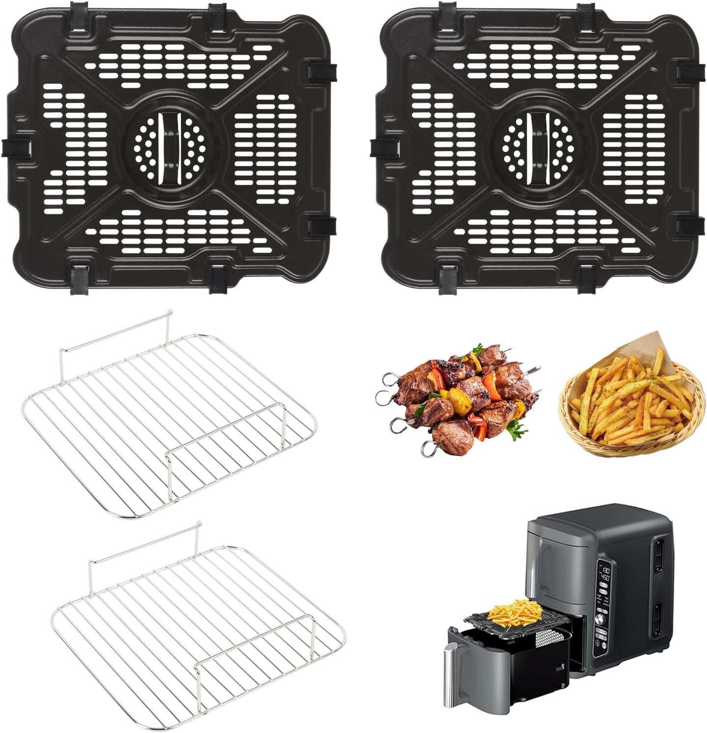 Ninja Air Fryer Pan Set, 2 Pack Grill Rack & Tray Compatibility with Ninja SL401 Double Stack Air Fryer, Non-Stick, Dishwasher Safe, Ninja Replacement Parts