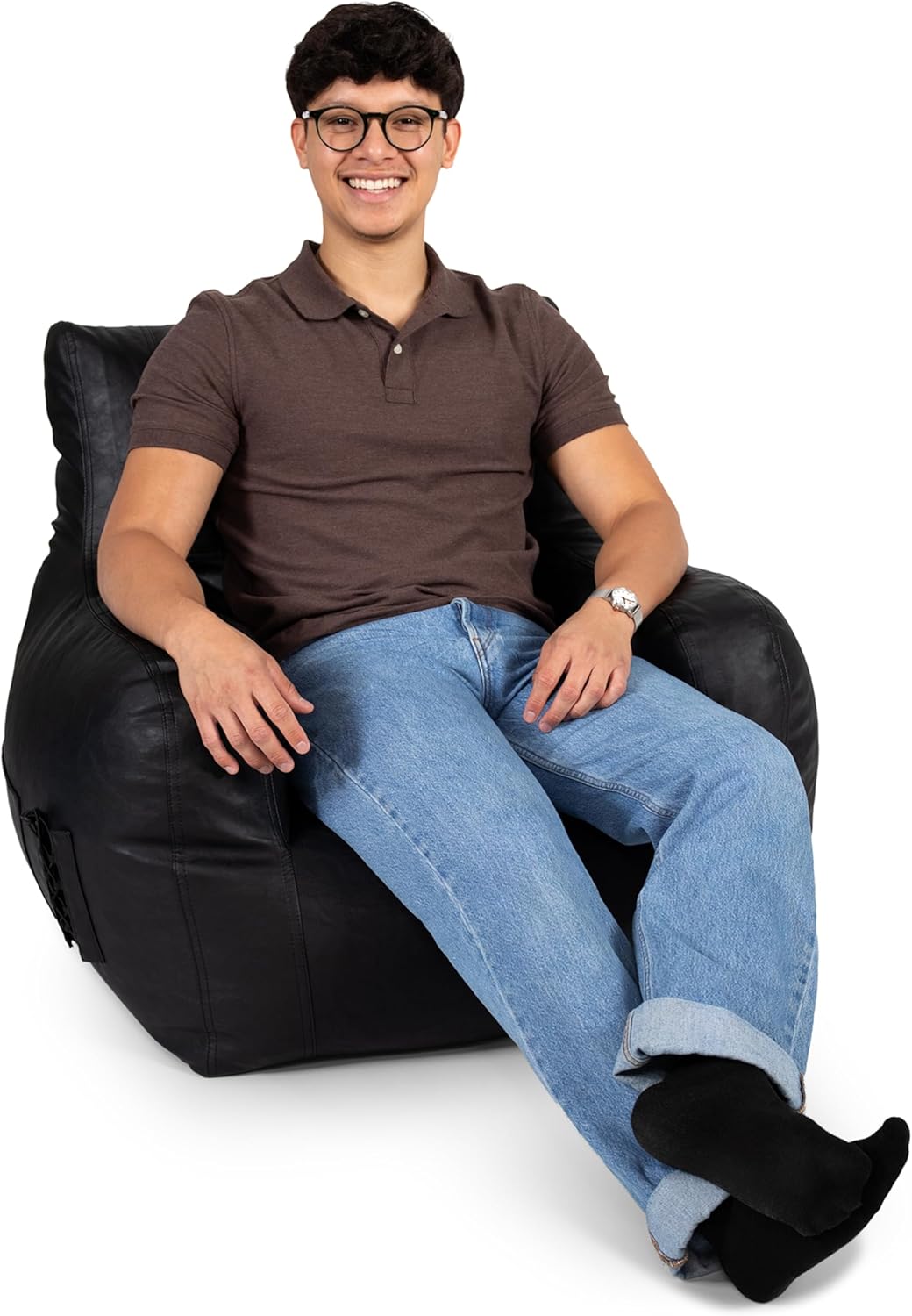 Big Joe Dorm Bean Bag Chair with Drink Holder and Pocket, Black Vegan Leather, Kids and Teens, 3 feet