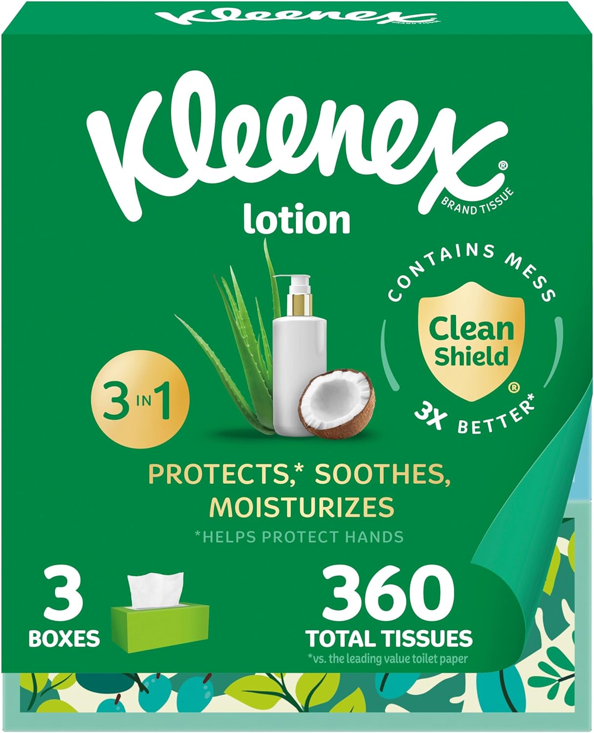 Kleenex Lotion Facial Tissues with Coconut Oil, 3 Flat Boxes, 120 Tissues Per Box, 3-Ply