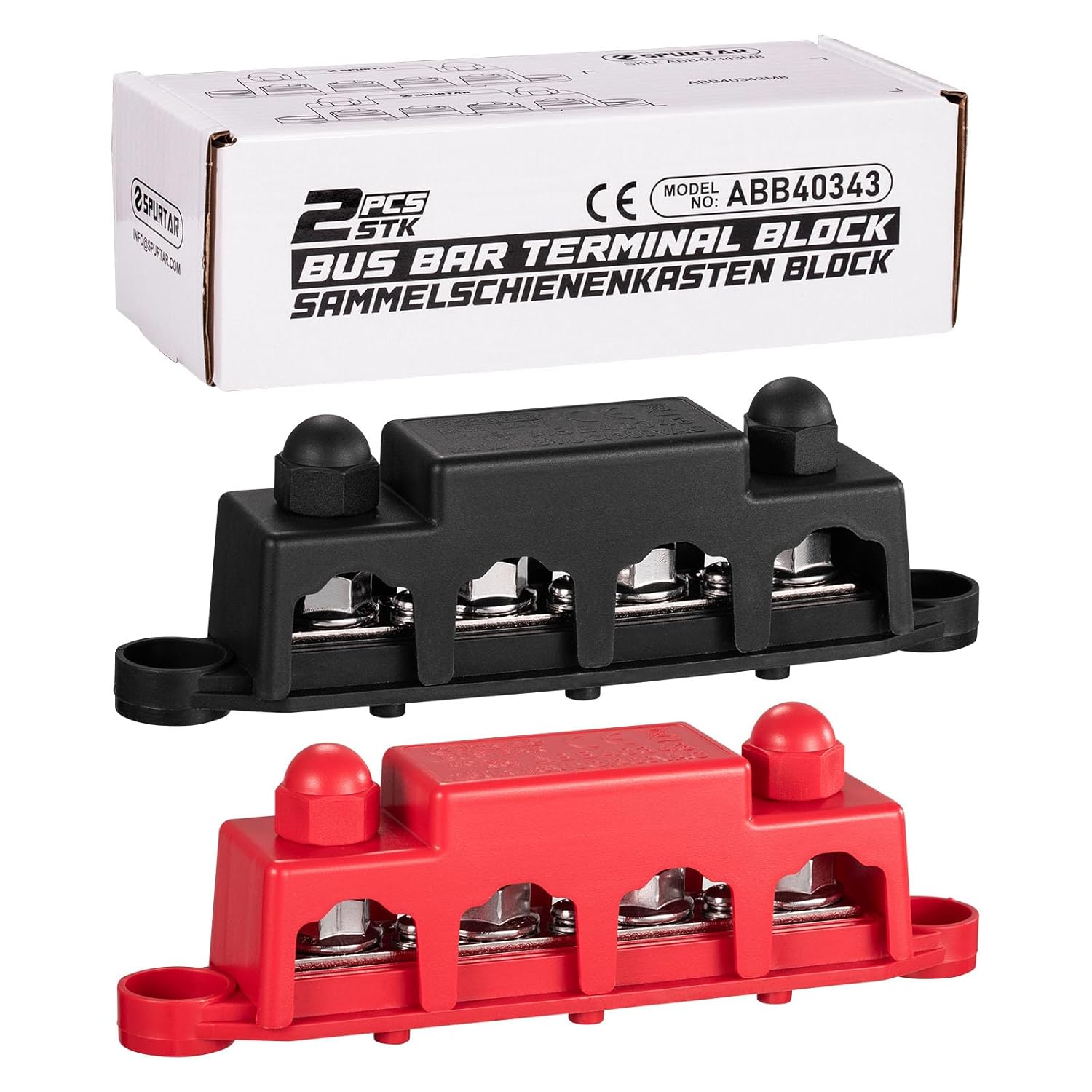 Spurtar 12V Bus Bar 12V Power Distribution Block with 4x 3/8'' M10 Terminal Studs, 3x #8 M4 Screws Bus Bar Terminal Block 12V 24V 48V 250A for Car Truck RV ATV Boat Trailer