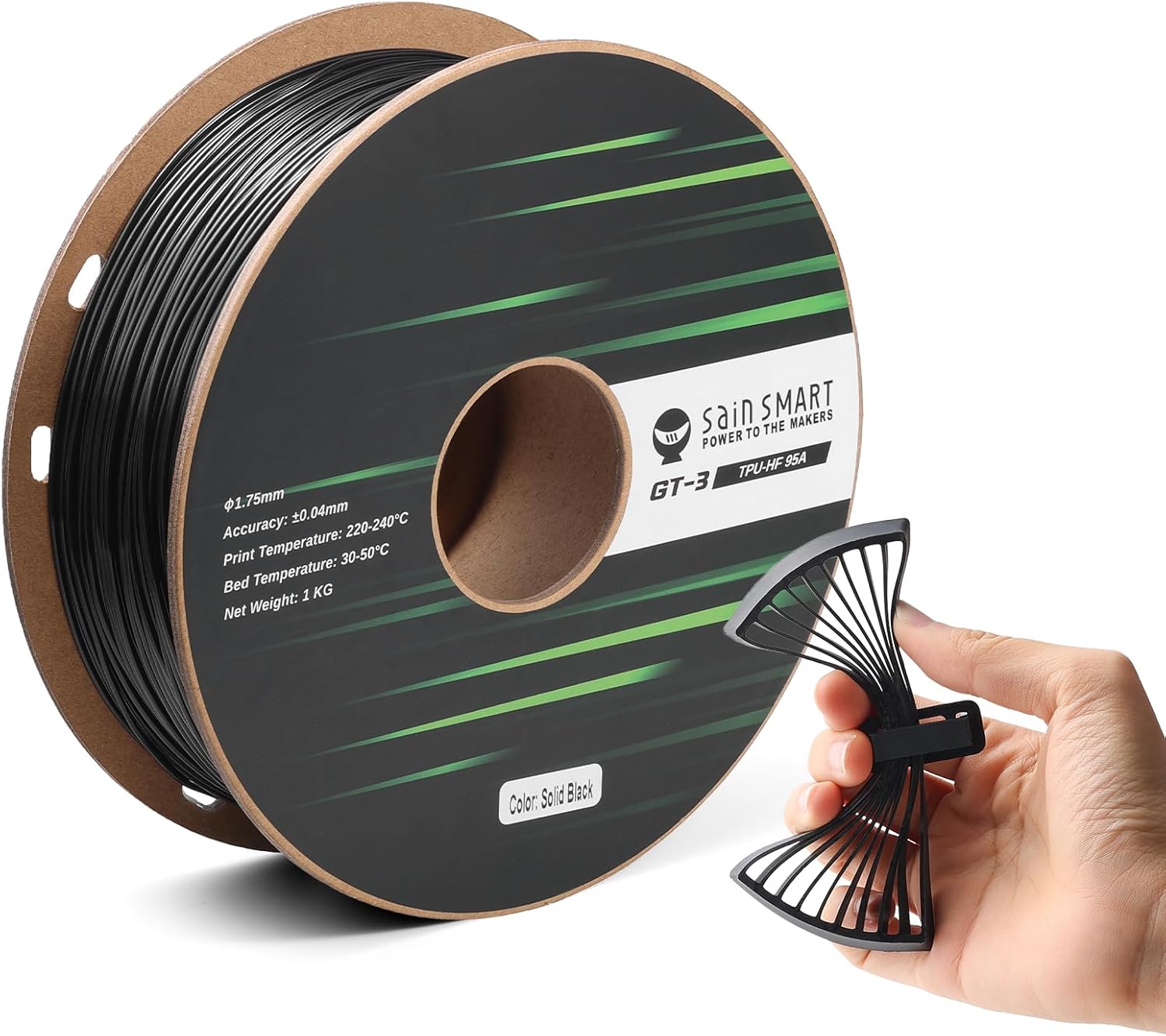 SainSmart TPU Filament 1.75mm, GT-3 Black Flexible 3D Printer Filament for High-Speed Printing 500mm/s, UV Resistant, 2.2 LBS (1KG) Spool, Dimensional Accuracy +/- 0.04mm