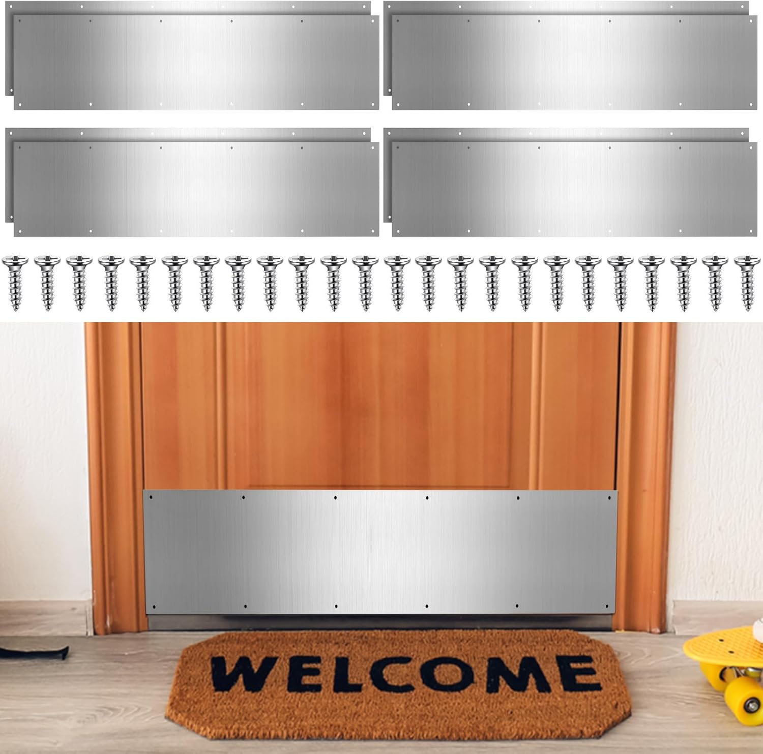 Therwen 10 Sets 8 x 36 Inches Silver Door Kick Plate for Exterior Doors, Satin Aluminum Kick Plates with Screws for Wood Metal Interior/Exterior Anti Scratch Door Protection