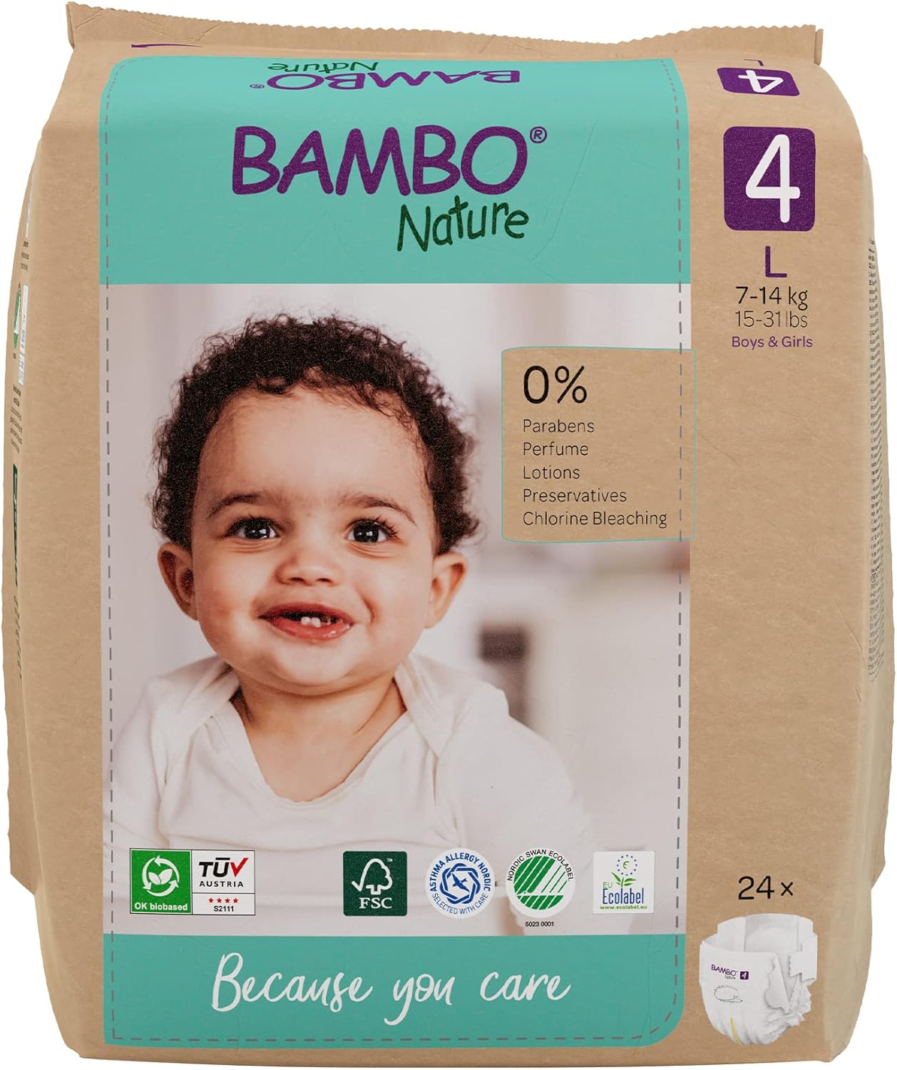 Bambo Nature Premium Eco Nappies, Size 4 (15-31lb/7-14 kg), Maxi, 24PK, Eco-Labelled Sustainable Nappies, Enhanced Leakage Protection, Secure and Comfortable Baby Nappy