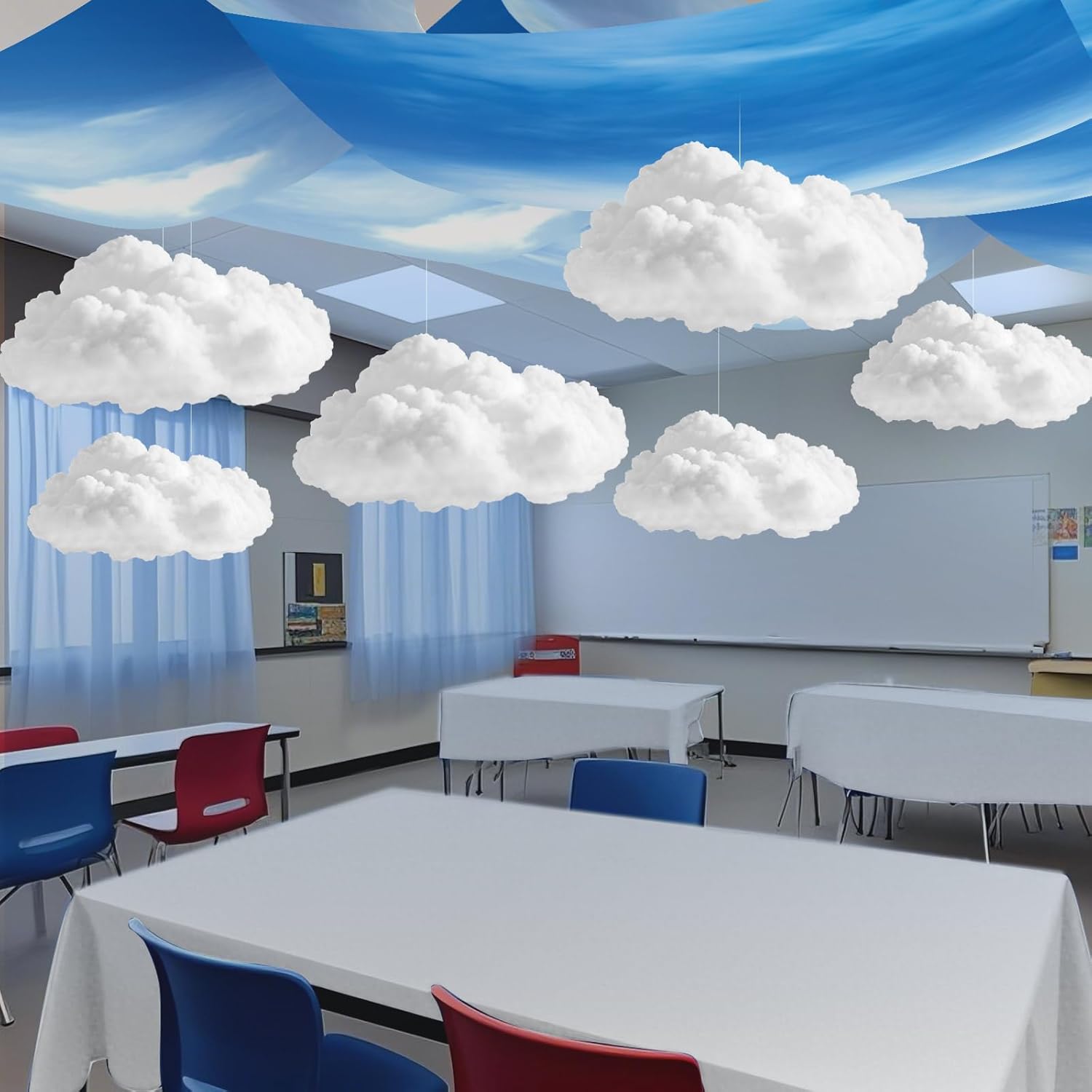 9 Pcs Blue Sky White Cloud Ceiling Decor Include 12 x 2 ft Fluorescent Light Covers 6 Packs Imitation Artificial 3D Cloud Props Classroom DIY Hanging Ornament Summer Picnic Wedding Party Decorations