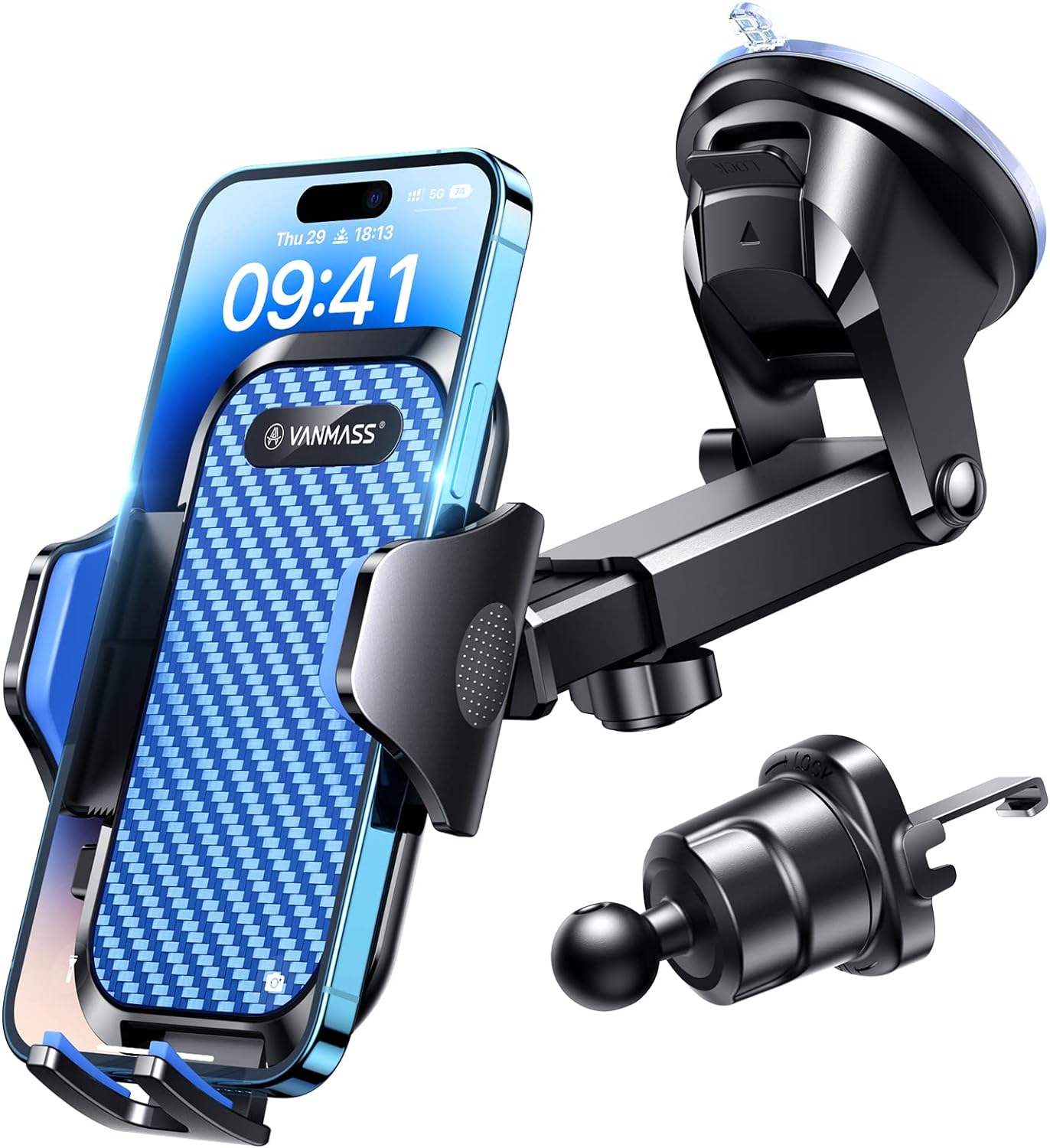 VANMASS BEST Car Phone Holder [Upgraded Suction & Clip] Rotatable Universal Mobile Phone Mount Dashboard Windscreen Vent Cradle Van Automobile Accessories for iPhone 16 15 Pro Max 14 13 12 8,Blue