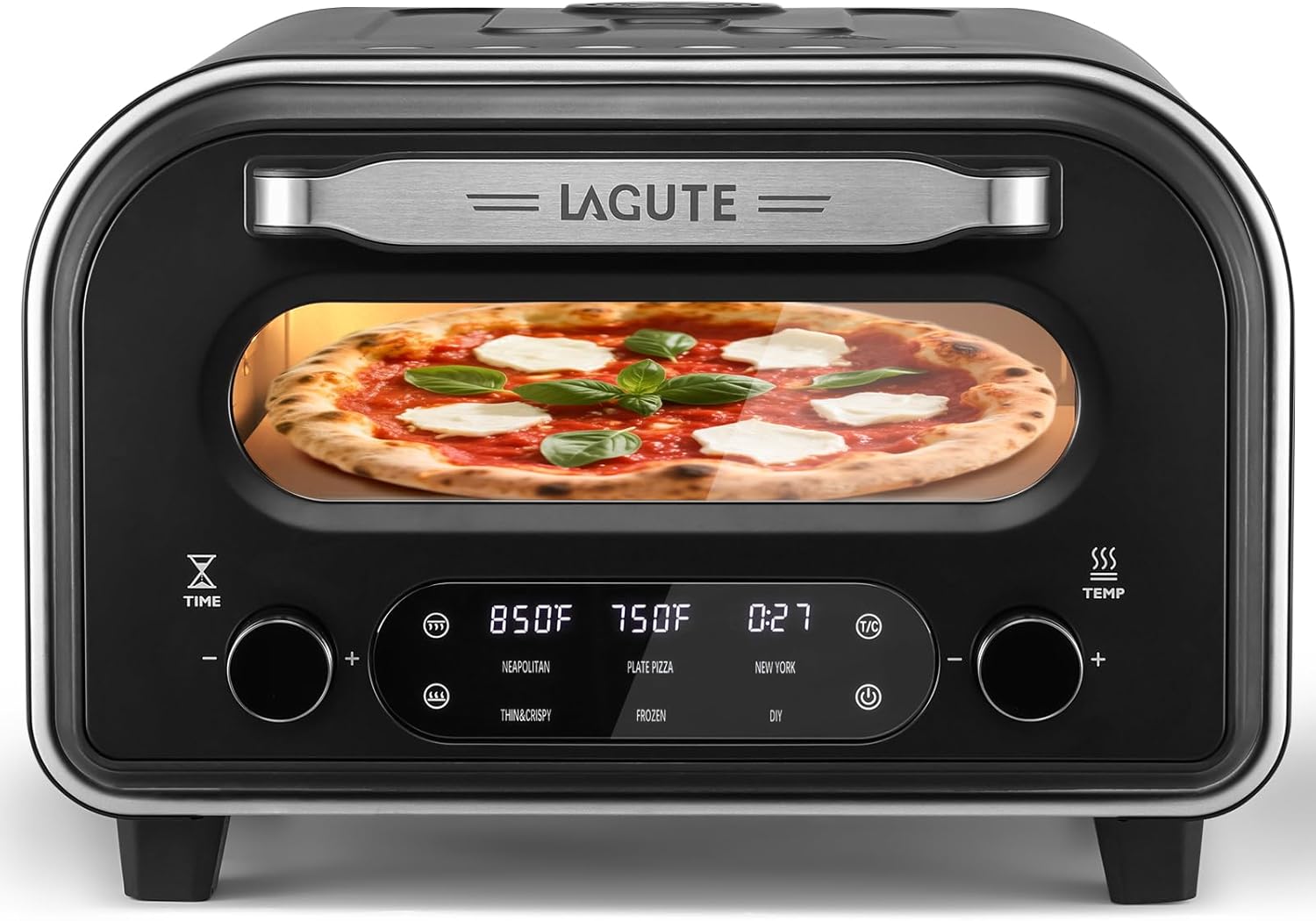 Lagute Electric Pizza Oven - 12-Inch Countertop Indoor Pizza Maker with 6 Presets, 850°F High Heat, Dual Heating Components, Pizza Stone & Peel Included