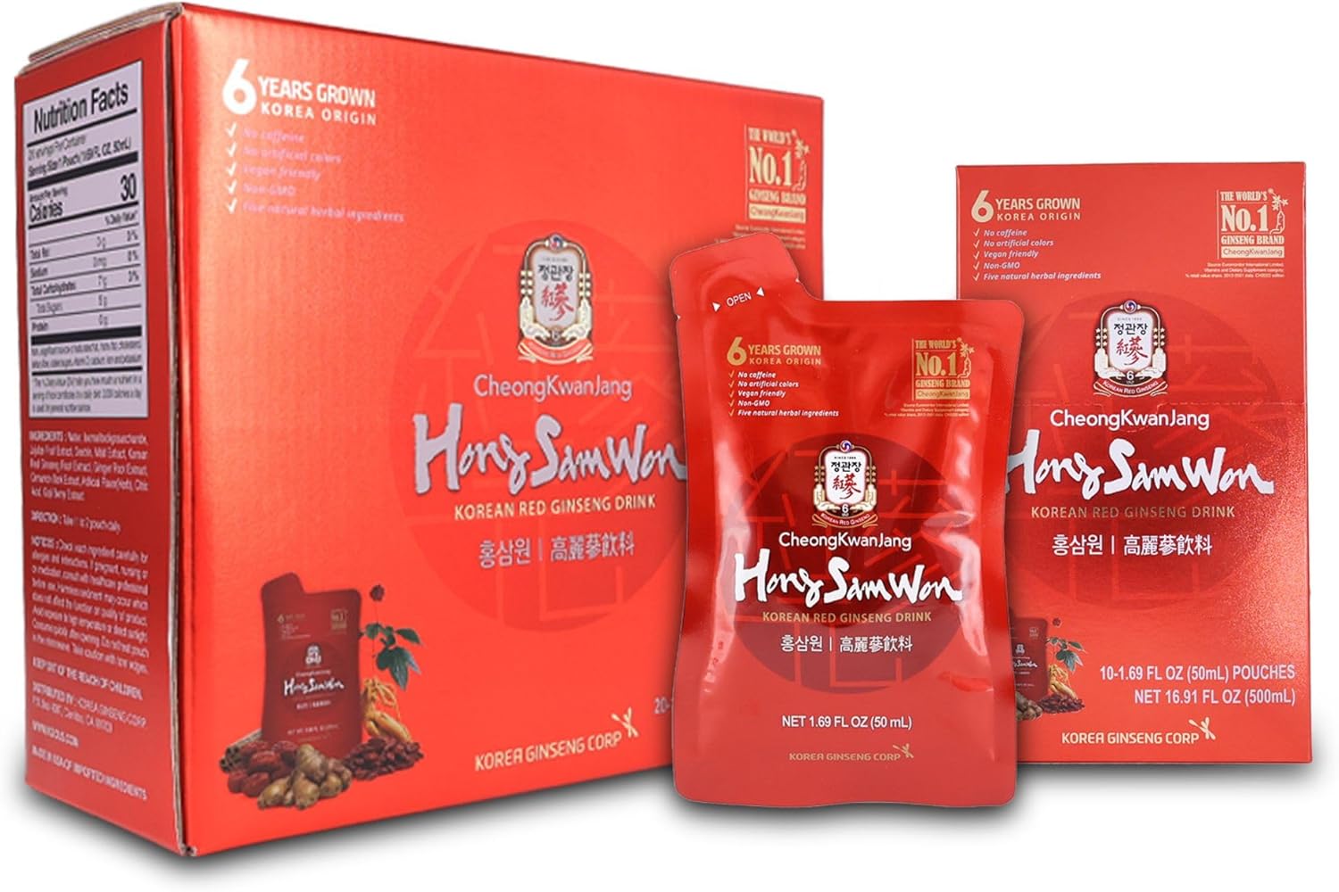 HongSamWon Korean Red Ginseng Drink | Energy Drink, Pre Workout, Herbal Tea, Ginseng Supplement | Korean Red Ginseng Extract, Jujube, Ginger, Cinnamon, Goji Berry | Vegan Friendly | 20 Count