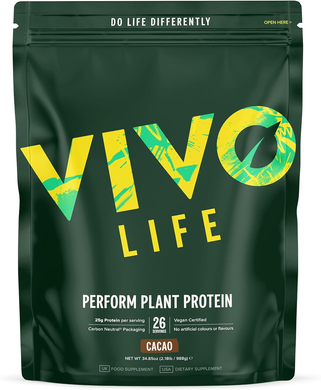 Vivo life Perform Plant Protein Powder | 25g Protein with BCAAs, Iron, Zinc, Turmeric & Herbal Enzyme Blend | Lactose Free & Easy to Digest, Plant-Based Nutrition | Raw Cacao - 26 Servings