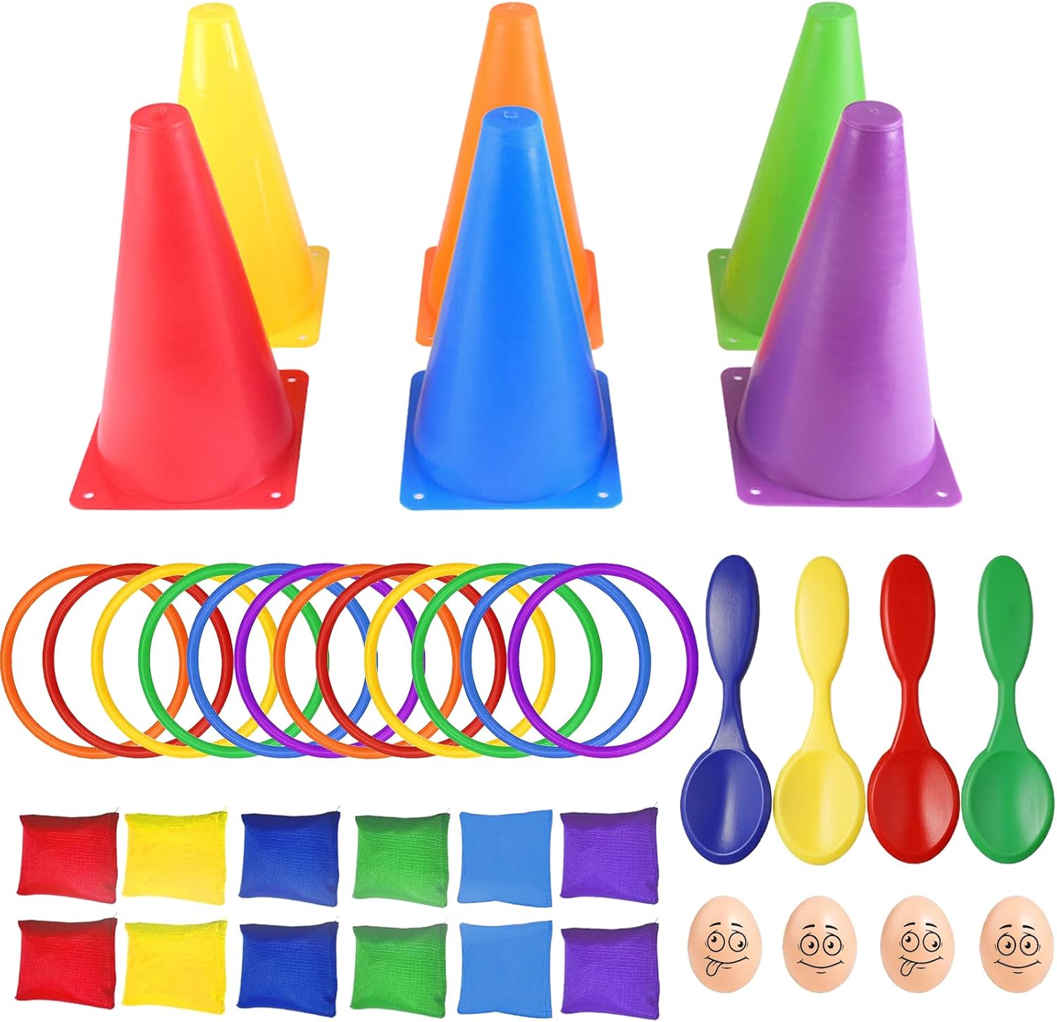 Waylipun Ring Toss Game Set, 4 In 1 Carnival Combo Set with Bean Bags Plastic Cones Throwing Rings Egg & Spoon Race Kit for Kids Children Adults Family Outdoor Indoor Yard Lawn Garden Games