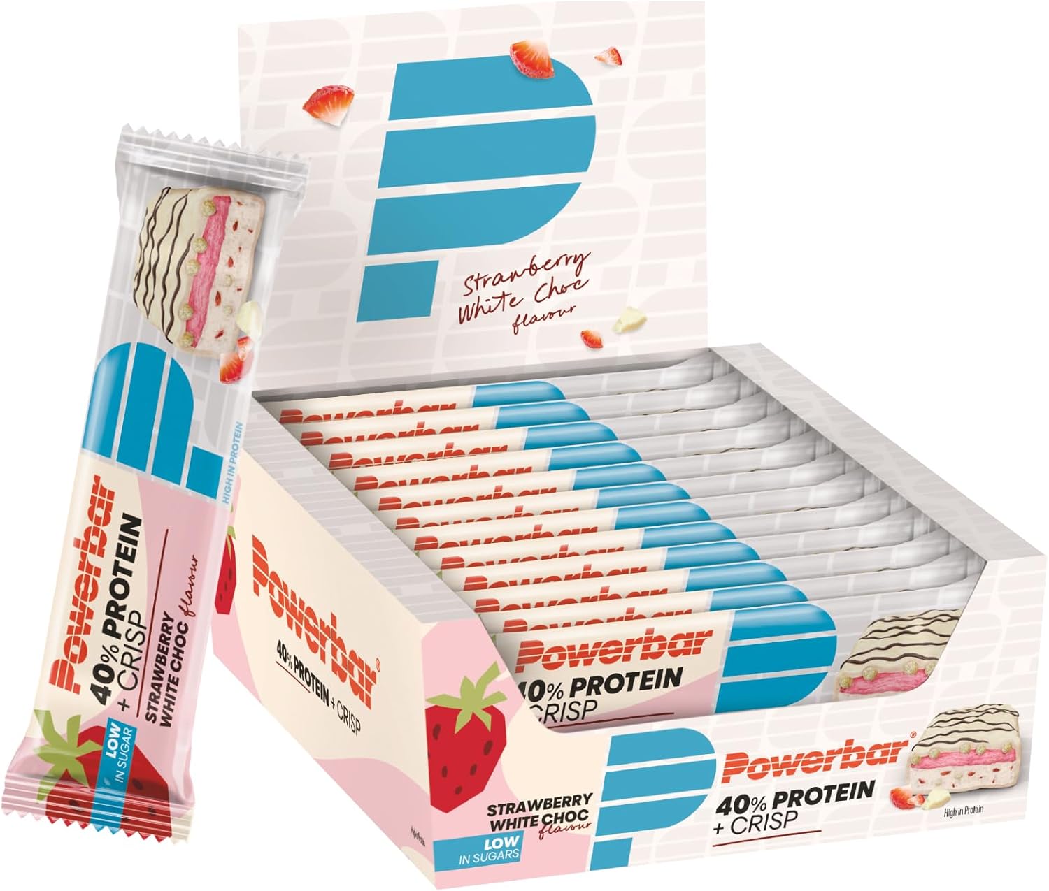 Power Barr 40% Protein Plus Crisp Strawberry White Choc 12x40g - High Protein Low Sugar Bar