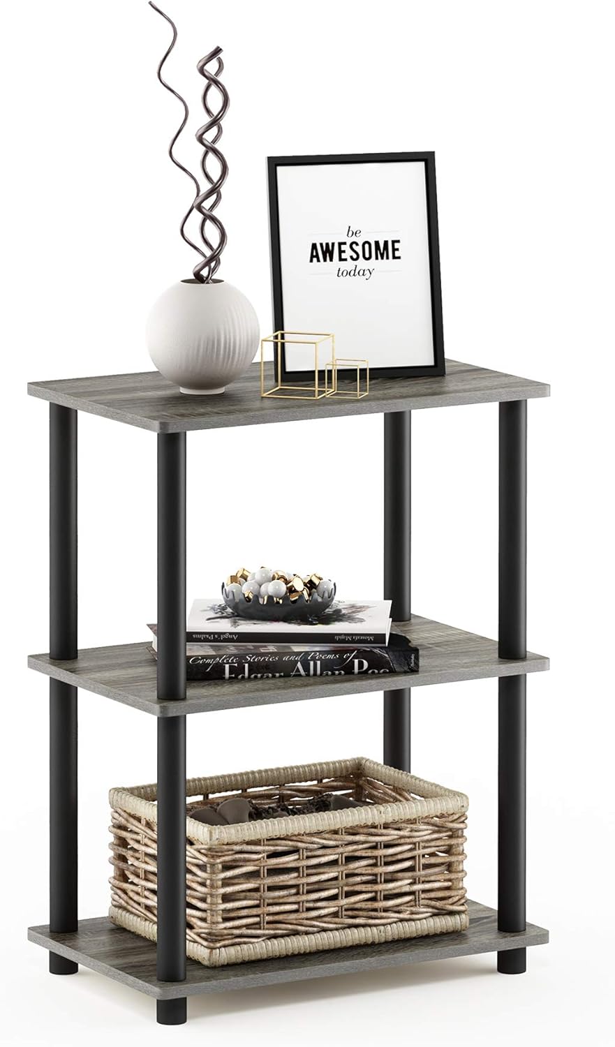 Furinno Turn-N-Tube No Tool 3-Tier Storage Shelf, French Oak/Black