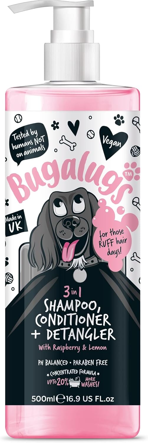 BUGALUGS 3-in-1 Dog Shampoo, Conditioner & Detangler – Raspberry & Lemon Scented Grooming for Smelly Dogs, Puppy Coat Care, Pet Accessories (500ml) (BSDTCDE500)