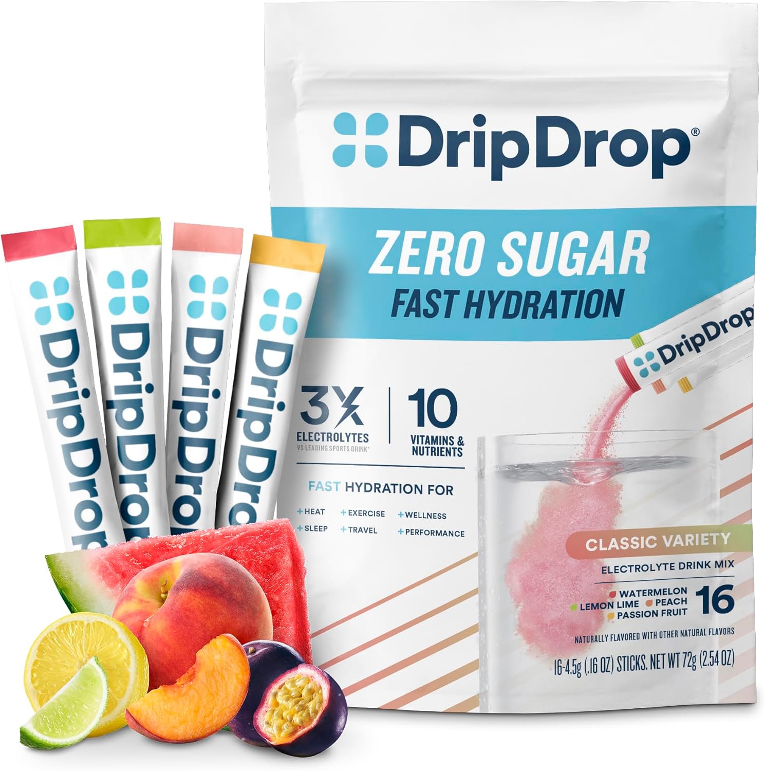 DripDrop Sugar Free Hydration Packets - Zero Classic Variety Pack - Single Serve Electrolytes Powder Drink Mix - Lemon Lime, Watermelon, Peach, Passion Fruit - Non-GMO, Gluten Free, Vegan - 16 Sticks