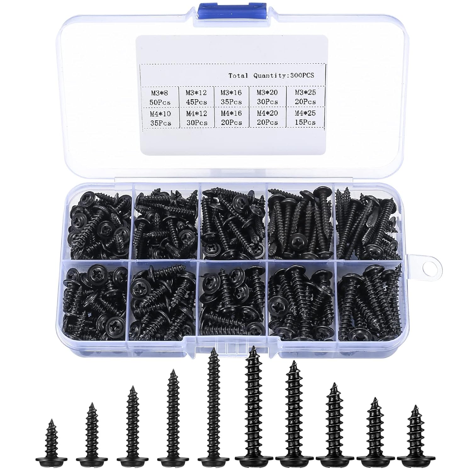 XxinXrong Cross head self-tapping screw with washer | 300 pieces M3/ M4, disc head self-drilling wood screw classification kit, black round countersunk mechanicalfastener,black