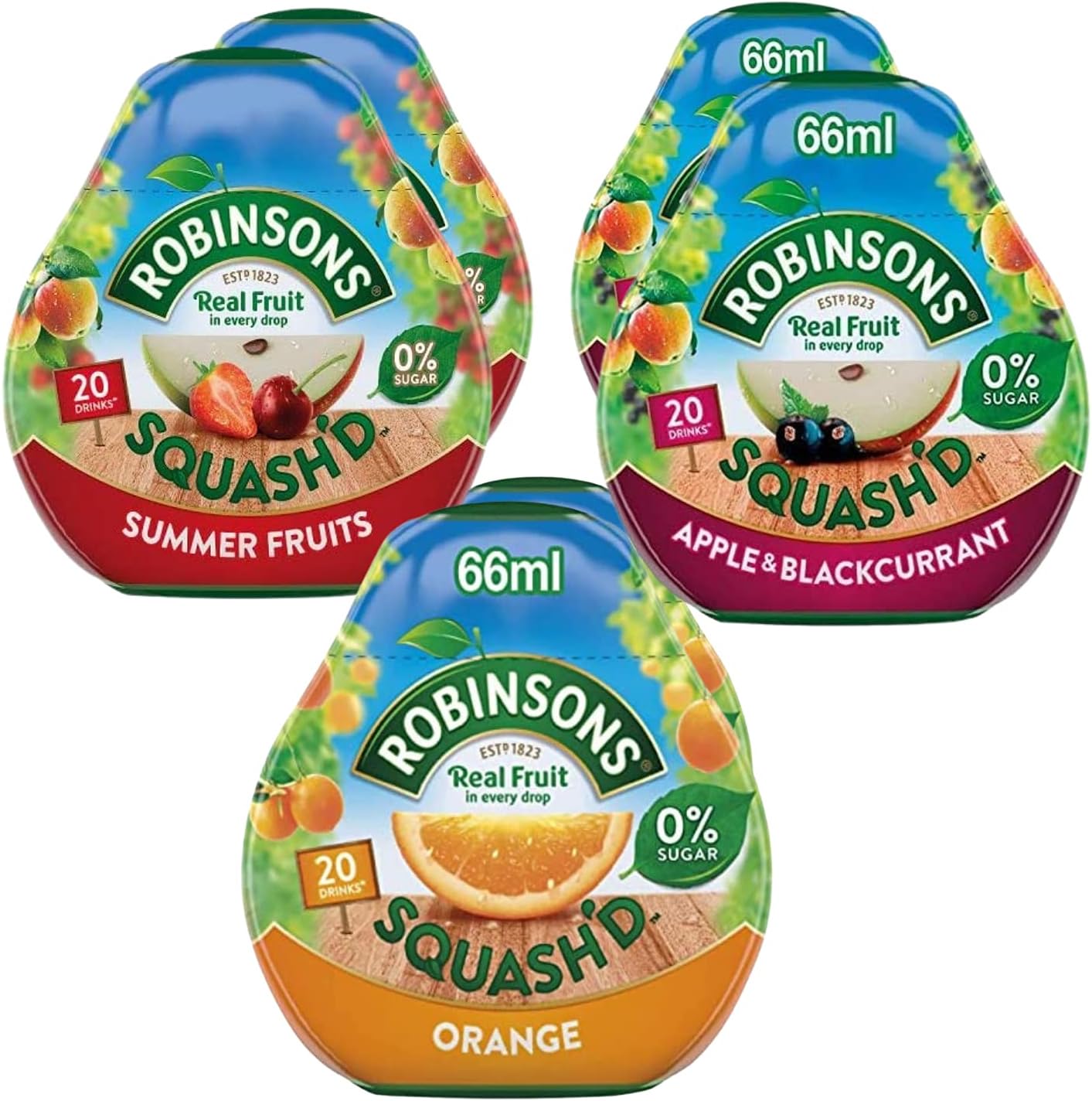 Robinsons Squash'd - 3 x Flavour 6 Pack ( 6 x 66ml Bottles ) 2 x Summer Fruits Bundled with 2 x Orange & 2 x Apple & Blackcurrant - No Added Sugar Real Fruit in Every Drop