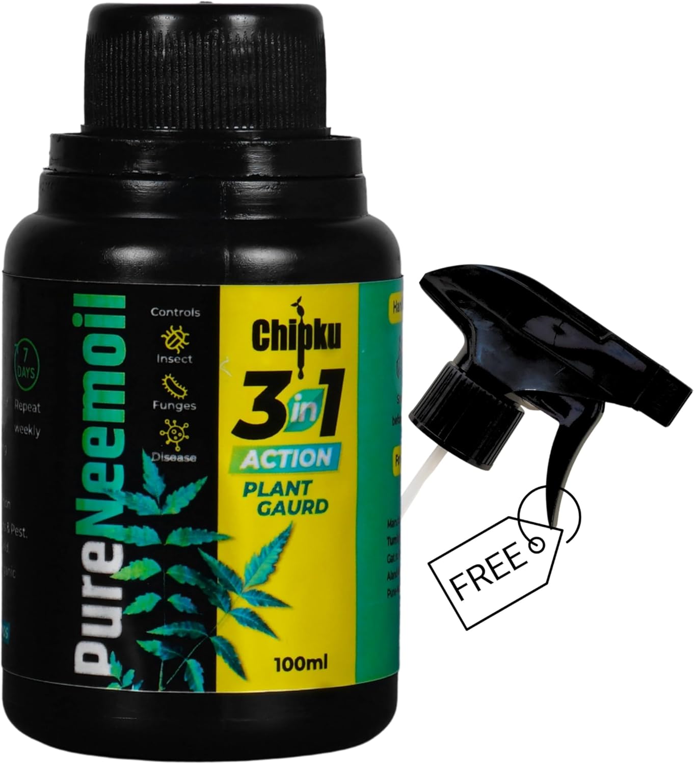 Chipku Pure Cold Pressed Water Soluble Neem Oil Concentrate For Plants & Garden 100ml With FREE Measuring Cup |For Making 20 Neem Spray Bottles For Plant Insects |Effective With 3 in 1 Formula