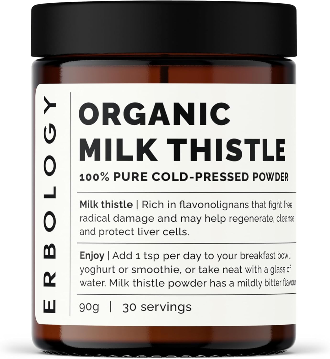 Erbology Organic Milk Thistle Powder 90g - 30 Servings - 180mg Silymarin per Serving - Body Cleansing - Cold-Pressed from 100% Milk Thistle Seeds - Sustainably Sourced in Europe - Vegan - GMO-Free