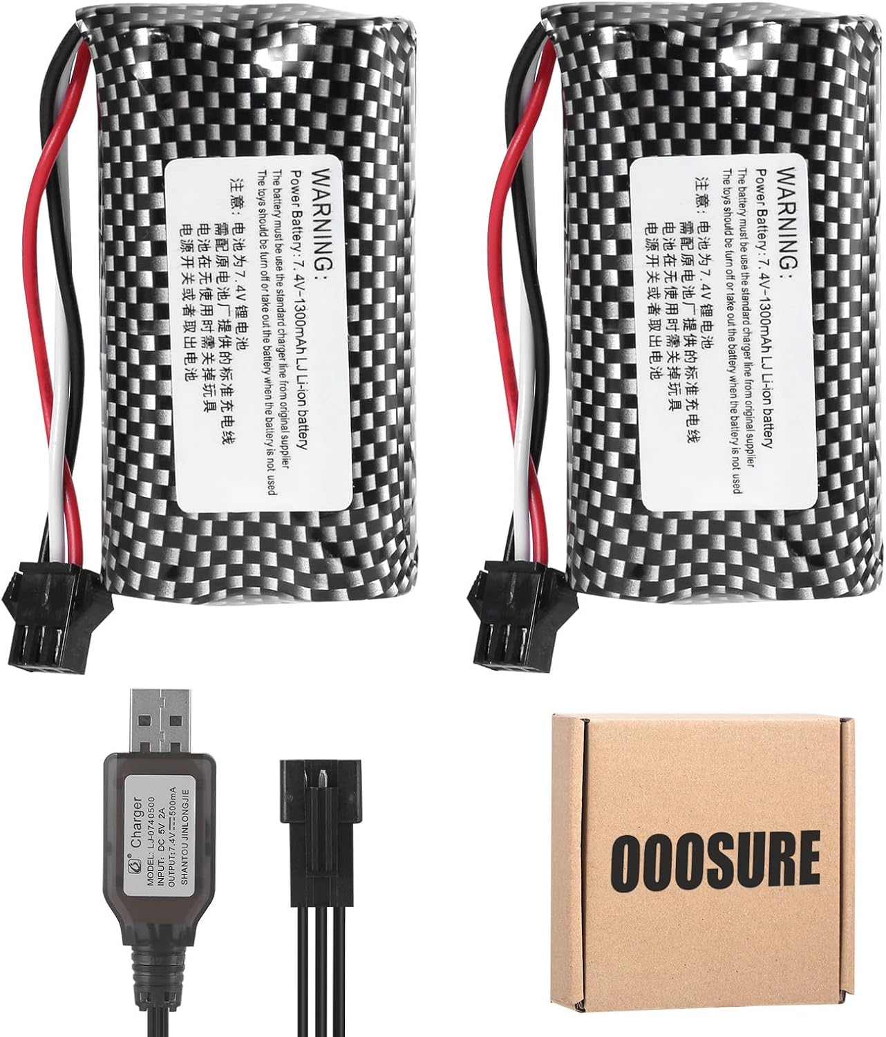 HJ 7.4V 1300mAh SM3P Li-ion Batteries with 2S Charging Cable forHobby Remote & App Controlled Vehicle Stunt Toy Car Watch Off-Road Truck Clamping Car