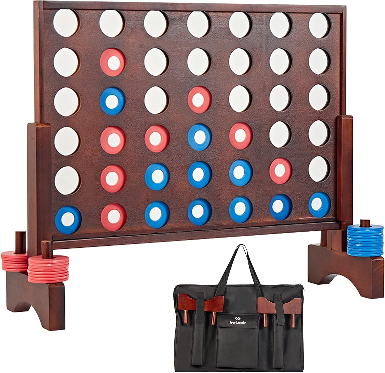 Giant Wooden 4 in A Row Game - Fun Indoor and Outdoor Board Game for Teens, Includes 42 Pcs Dics and Carrying Bag