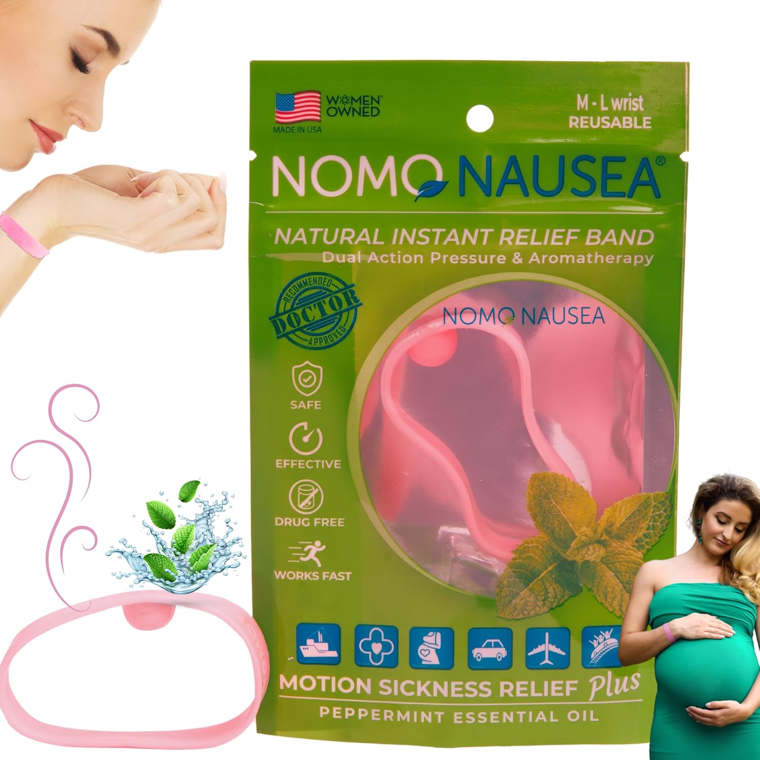 NOMO Nausea Bands Soothing scents Pregnancy Bracelet | Motion Sickness Band with Peppermint Aromatherapy and Acupressure reliefband | Medium to Large Waterproof Sea-Band Mama | Pink | Pack of 2