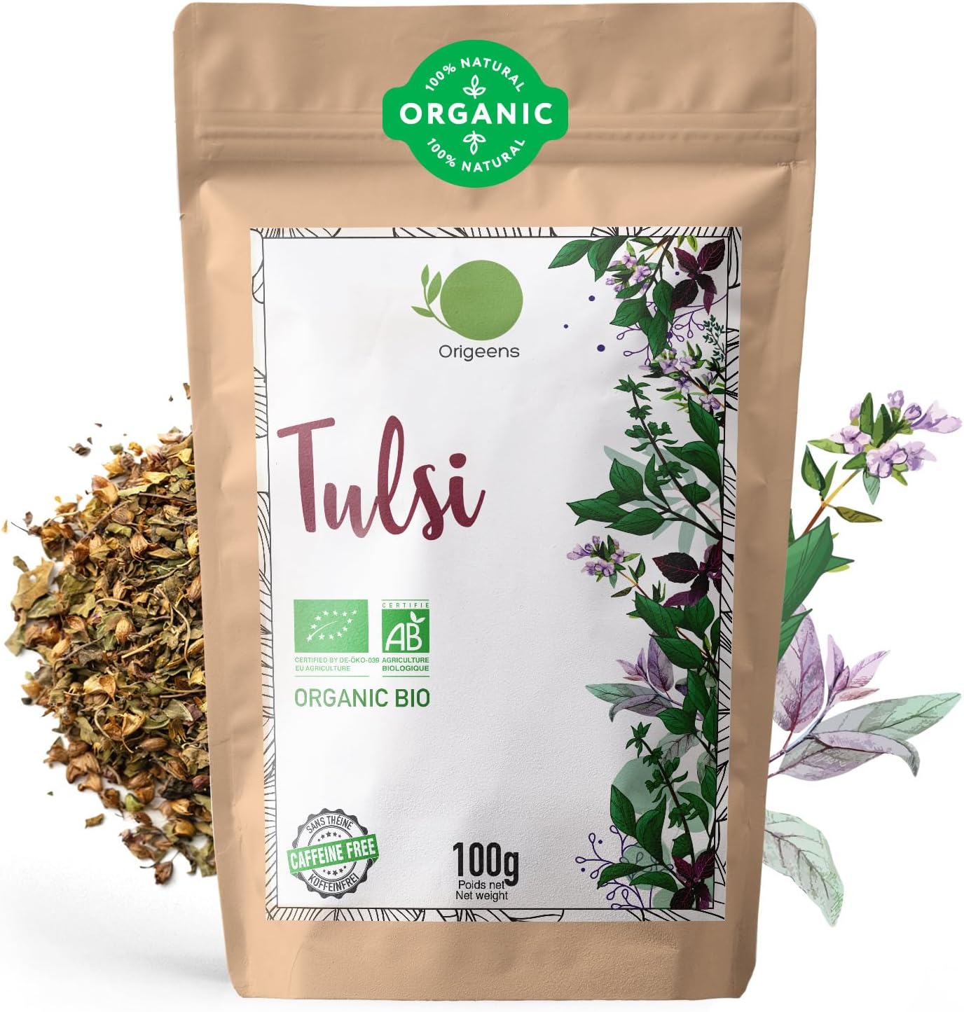 ORIGEENS ORGANIC TULSI TEA 100g | DRIED HOLY BASIL LEAVES | Loose leaf holy basil theine-free, Anti-stress herbal tea