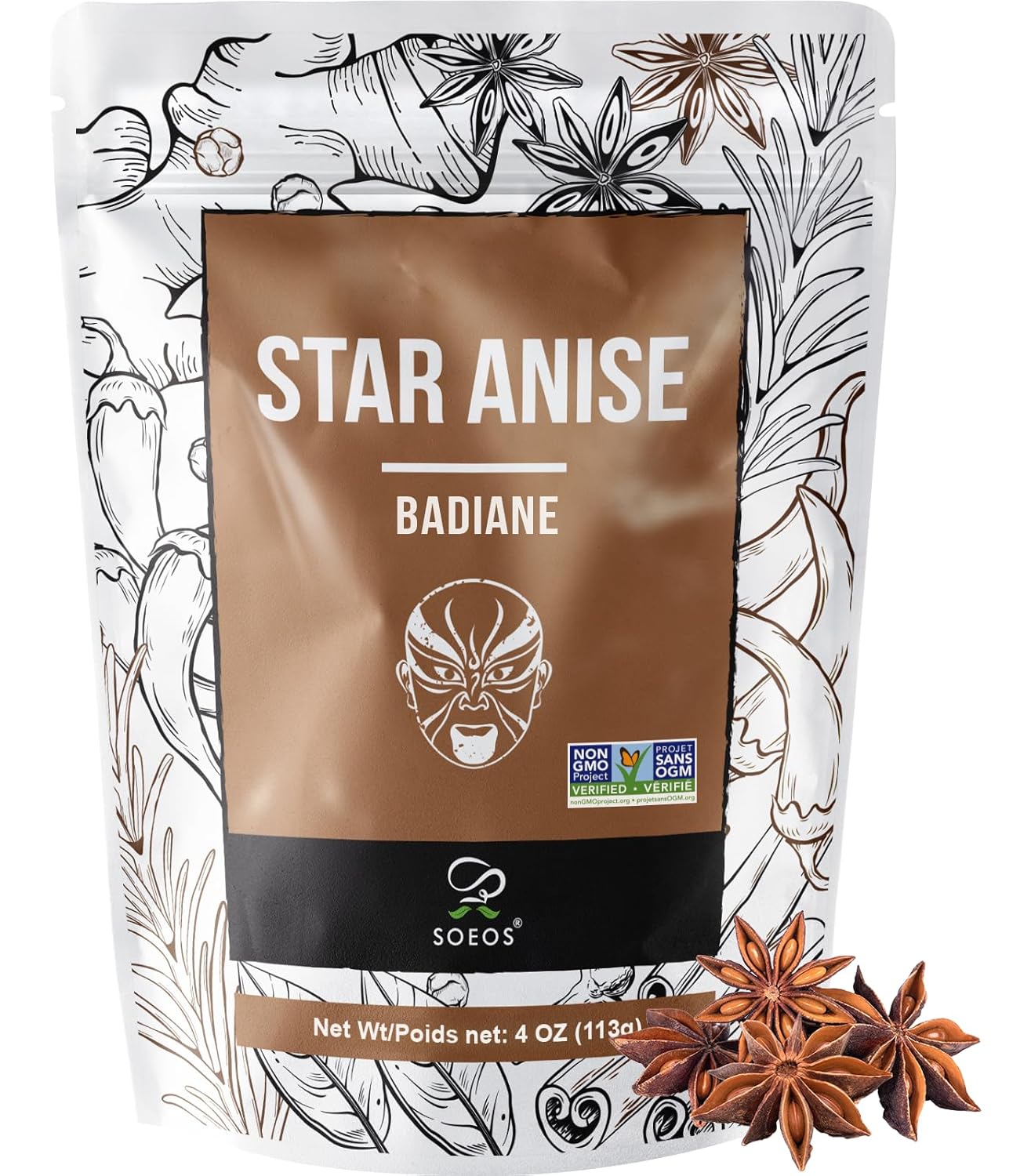 Soeos Star Anise, 4 Ounce, Star Anise Whole, Anise Seeds for Baking and Tea, NON-GMO Verified