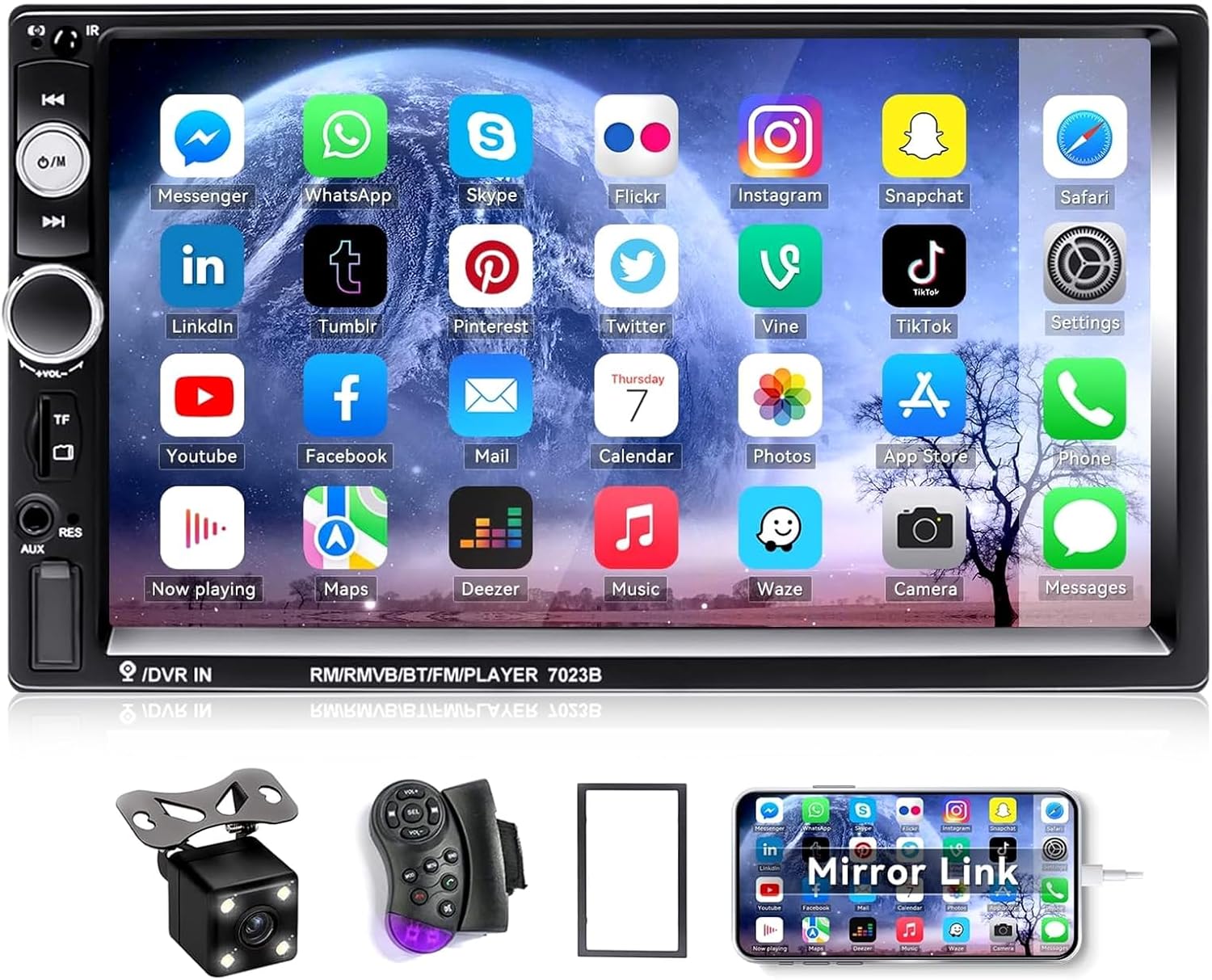 CAMECHO 7" Double Din Car Stereo Audio Bluetooth MP5 Player USB FM Multimedia Radio+ 4 LED Mini Backup Camera with Steering Wheel Remote Support Mobile Phone Synchronization (Used in Android/iOS)