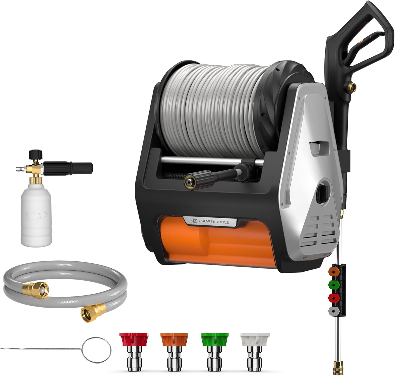 Giraffe Tools Wall Mount Pressure Washer PRO with Upgraded 1800W Brushless Motor, Max 3700PSI 1.6 GPM Electric Power Washer with 100ft Pressure Hose for Car/Patios, Automatic Rewind, Any Length Lock