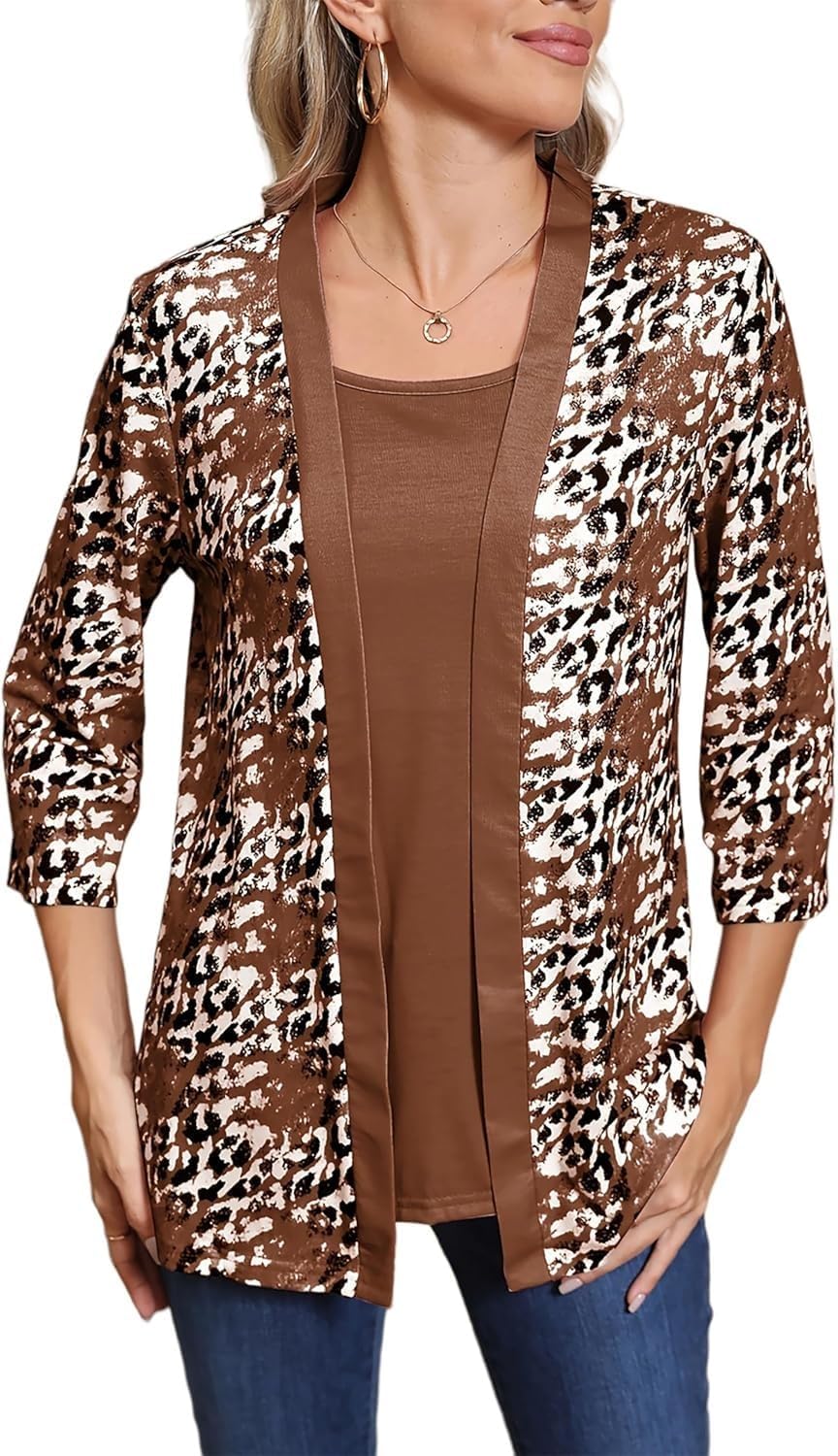 New Fall Collection for 2024 Trendy Casual Kimono Lightweight Cardigan Faux Two-Piece Top, Leopard Print 3/4 Sleeve Pullover