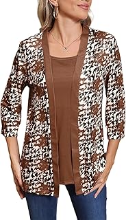 New Fall Collection for 2024 Trendy Casual Kimono Lightweight Cardigan Faux Two-Piece Top, Leopard Print 3/4 Sleeve Pullover