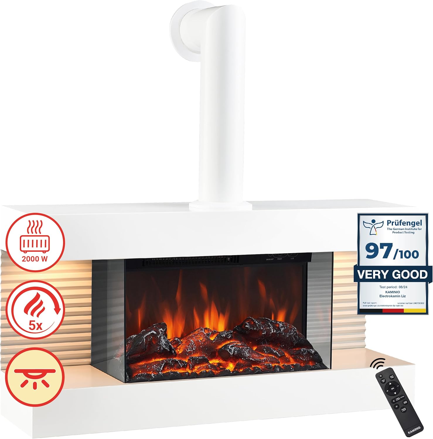 KAMINIO Electric Fireplace LIZ - Wall-Mounted Fireplace with Heater, 3D Flame Effect, LED ambient light, Remote Control - White (with pipe)