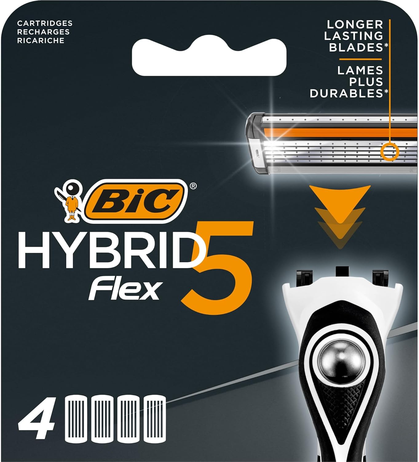 BIC Hybrid 5 Flex Men's Shaver Refills with 5 Moveable Nano-Tech Titanium Coated Razor Blades - Box of 4 Cartridges