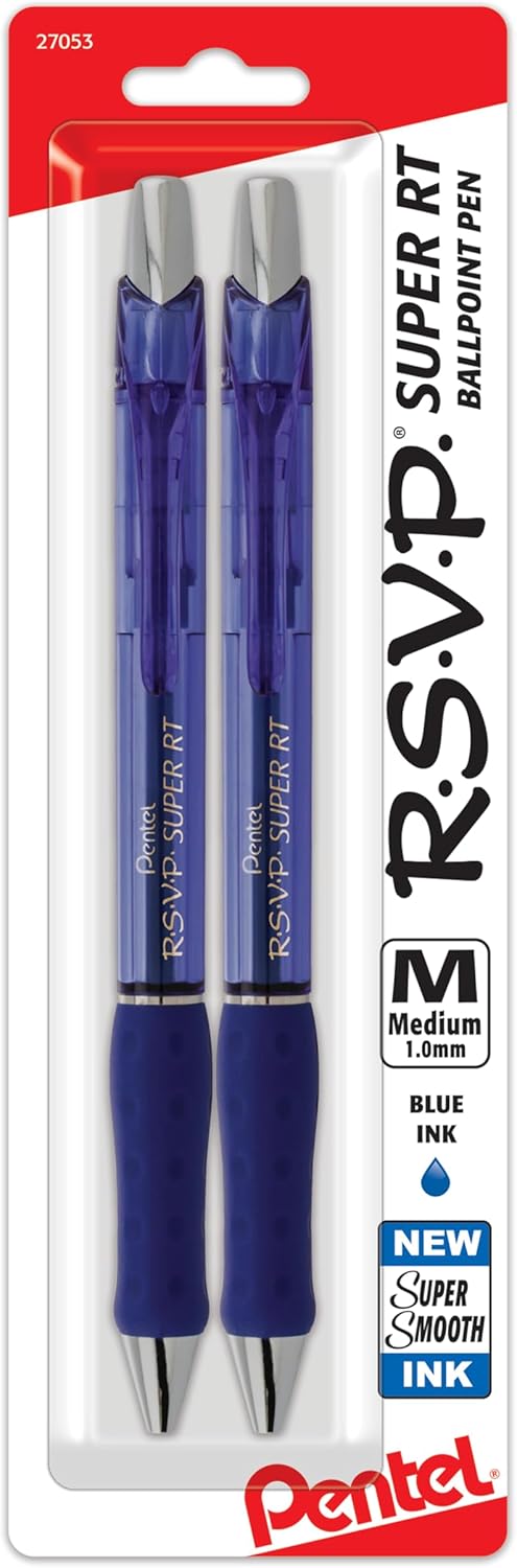 Pentel RSVP Super RT Ballpoint Pen, (1.0mm) Medium Line, Blue Ink, 2-Pk - BX480BP2C