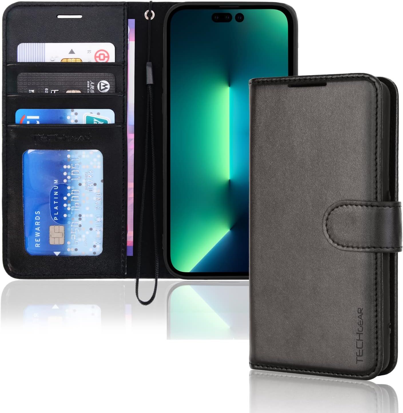TECHGEAR iPhone 14 Pro Max Leather Wallet Case, Flip Protective Case Cover with Wallet Card Holder, Stand and Wrist Strap - Black PU Leather with Magnetic Closure Designed for iPhone 14 Pro Max 6.7"