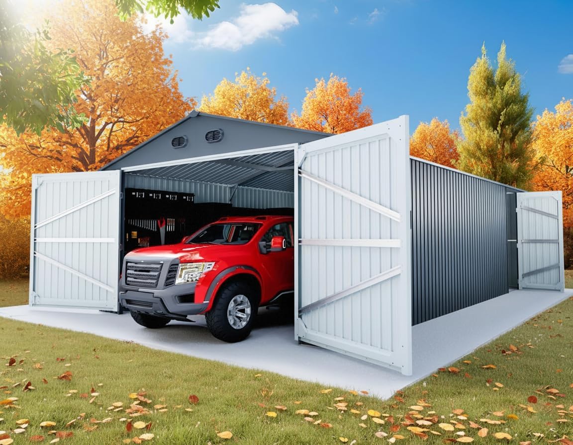 20x13 Metal Shed, Metal Garage Building with 2 Lockable Doors, Prefab Garage Shed with 4 Air Vents, Large Sheds & Outdoor Storage Clearance, Car Sheds for Truck, Tool, Lawnmower, Dark Gray