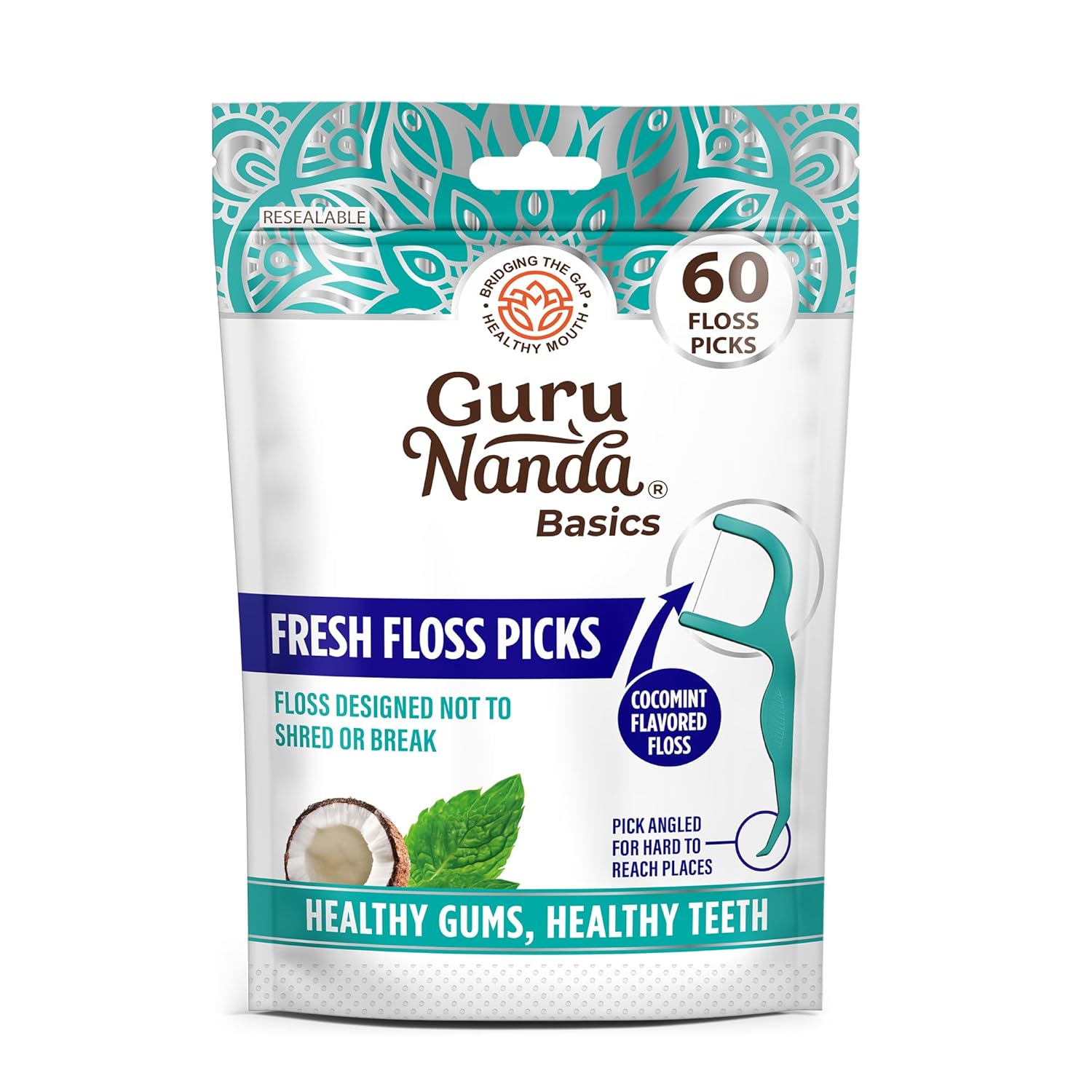 GuruNanda Fresh Floss Dental Picks - Non- Shred Thread with Angled Pick for Effective Plaque Removal - Dentist Recommened - Travel Friendly for Adults & Kids - 60 Pack