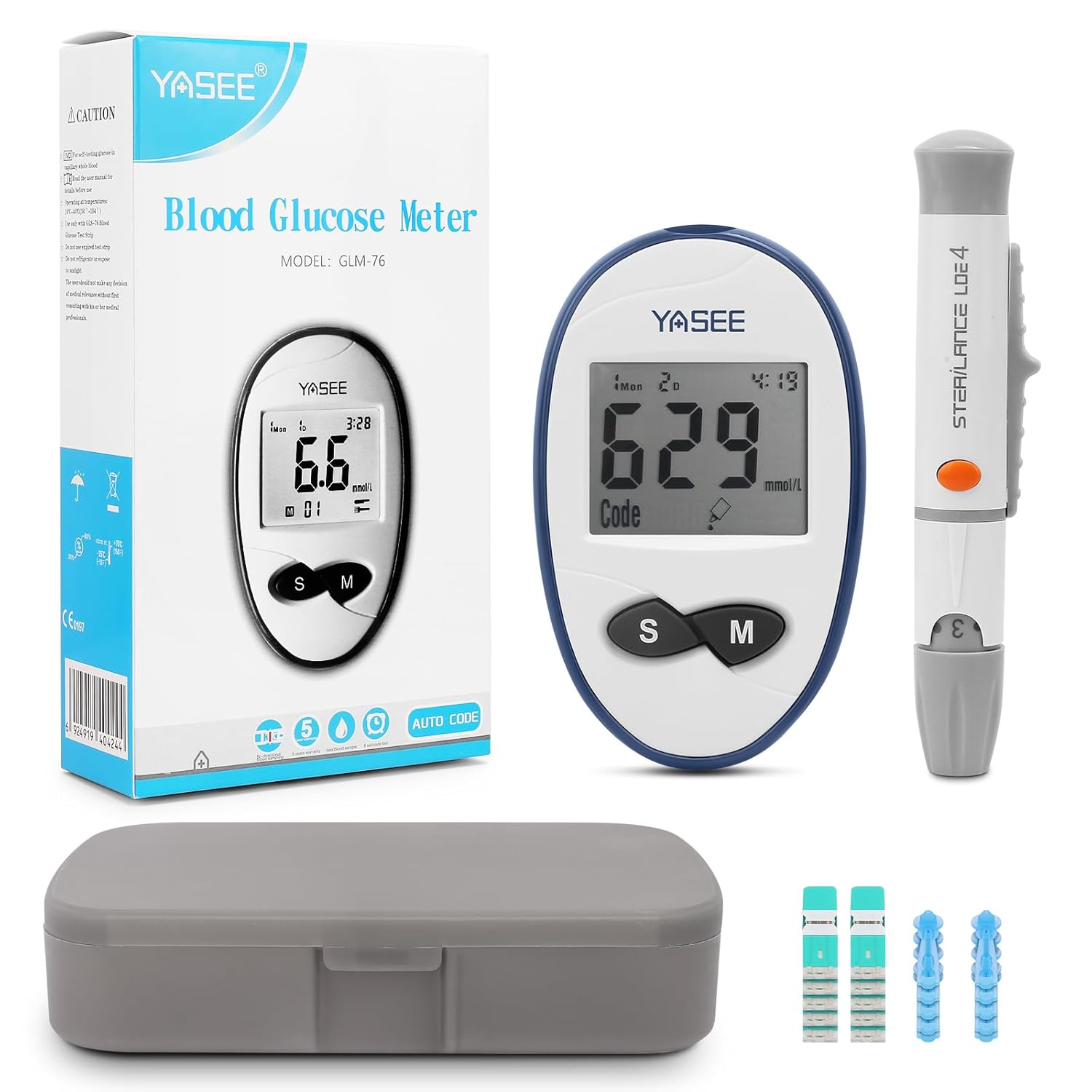 Venoka Blood Glucose Monitor Kit, 10 Test Strips, 10 Lancets, Auto Coding, 180 Test Memory, Carrying Case, Painless Lancing Device, Blood Sugar Testing for Diabetes, mmol/L