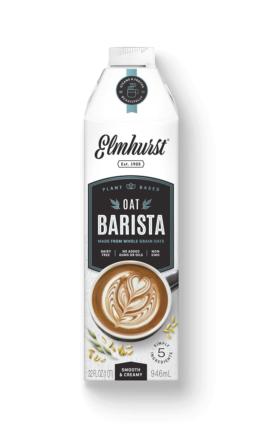 Elmhurst 1925 Oat Milk Barista Edition – 32oz (6-Pack) Plant-Based, Vegan, Dairy-Free, Kosher, Gluten-Free, Non-GMO, Froths for Lattes & Iced Coffee, 20g Whole Grains per Serving, Simple Ingredients