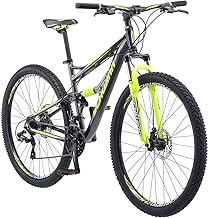 Schwinn Traxion Mountain Bike for Adult Men Women, 29-Inch Wheels, Full Suspension, 24-Speed Shimano Drivetrain, Trigger Shifter, 18-Inch Aluminum Frame, Mechanical Disc Brake, Matte Grey/Neon Green